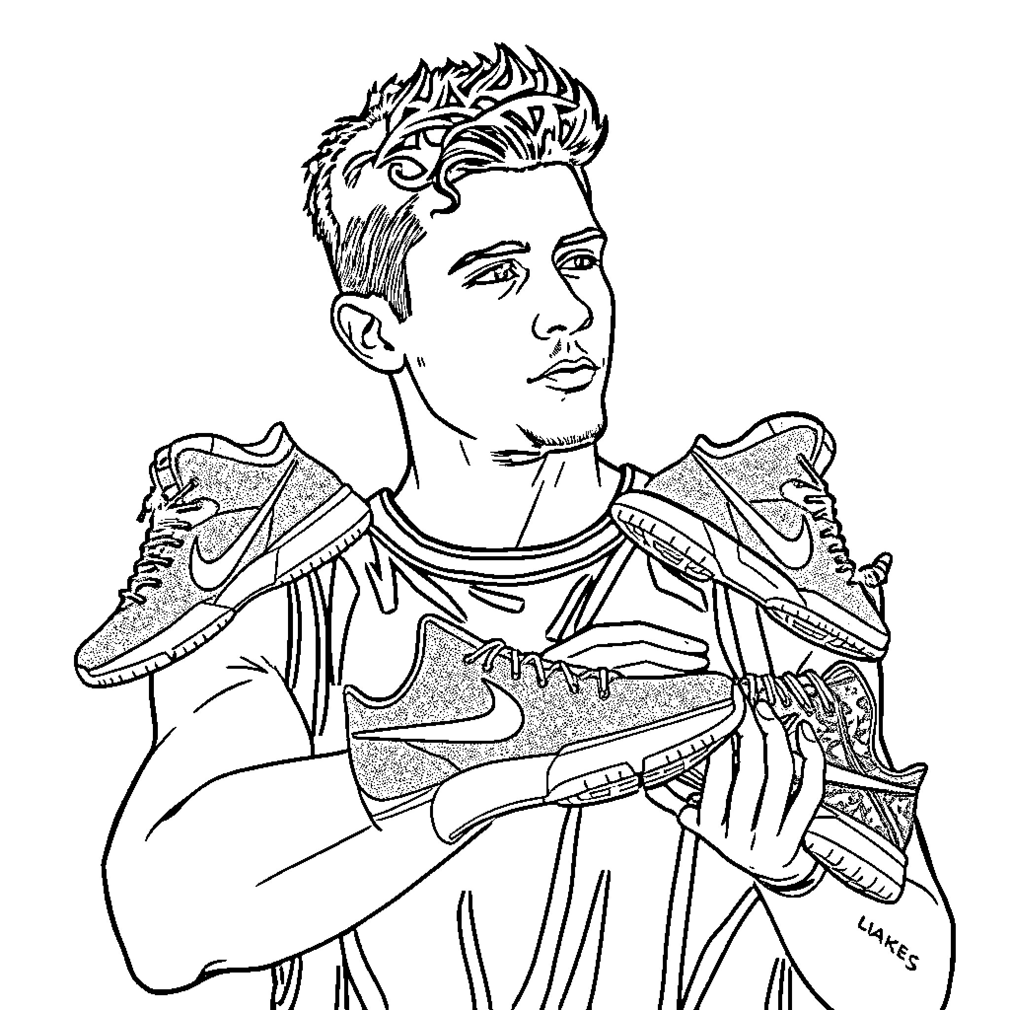Luka Doncic displaying basketball shoes Coloring Page (free black-and-white line drawing printable PDF for all, from beginners to advanced learners, including children, teens, adults, and seniors)