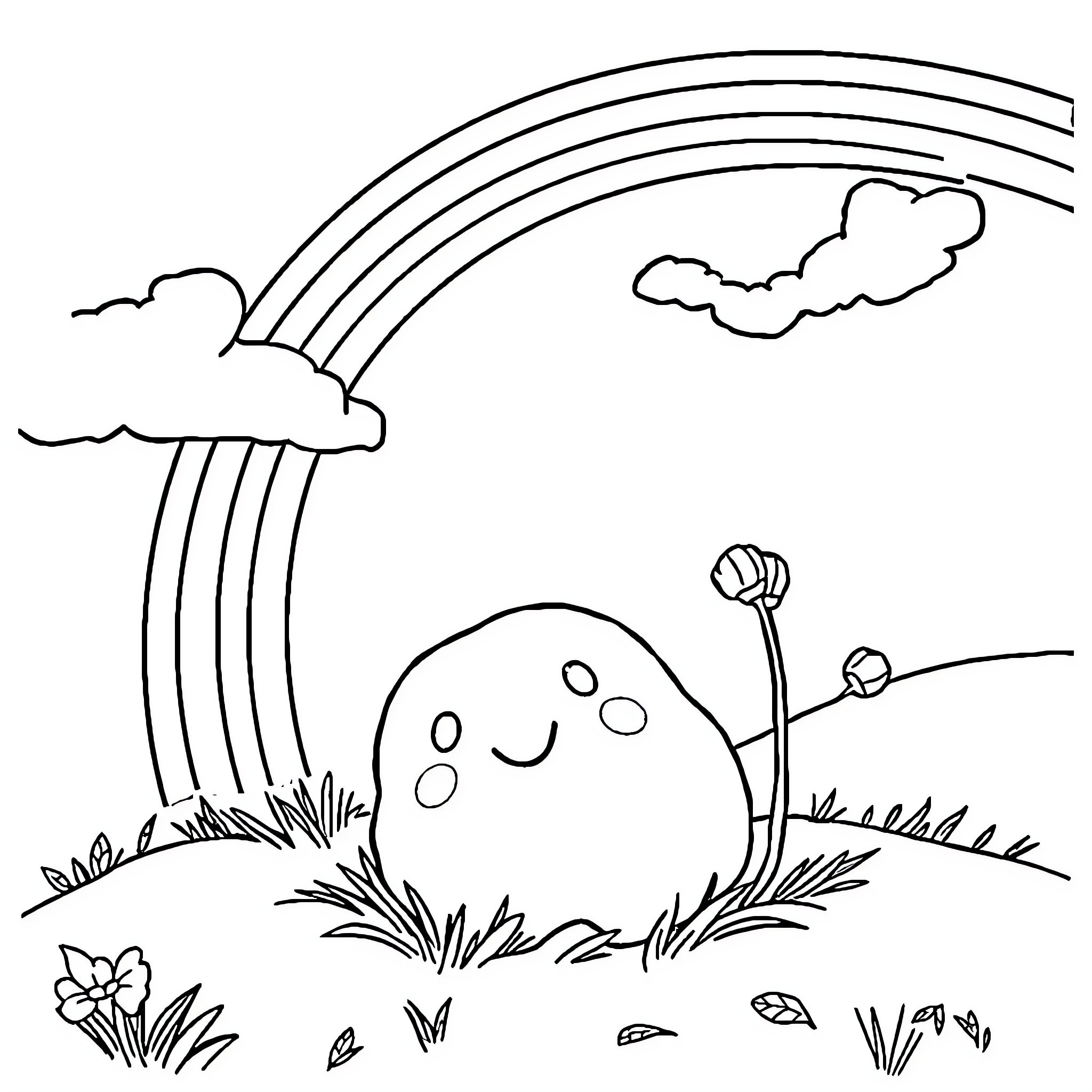 Squishmallow enjoying a rainbow and nature Coloring Page (free black-and-white line drawing printable PDF for all, from beginners to advanced learners, including children, teens, adults, and seniors)