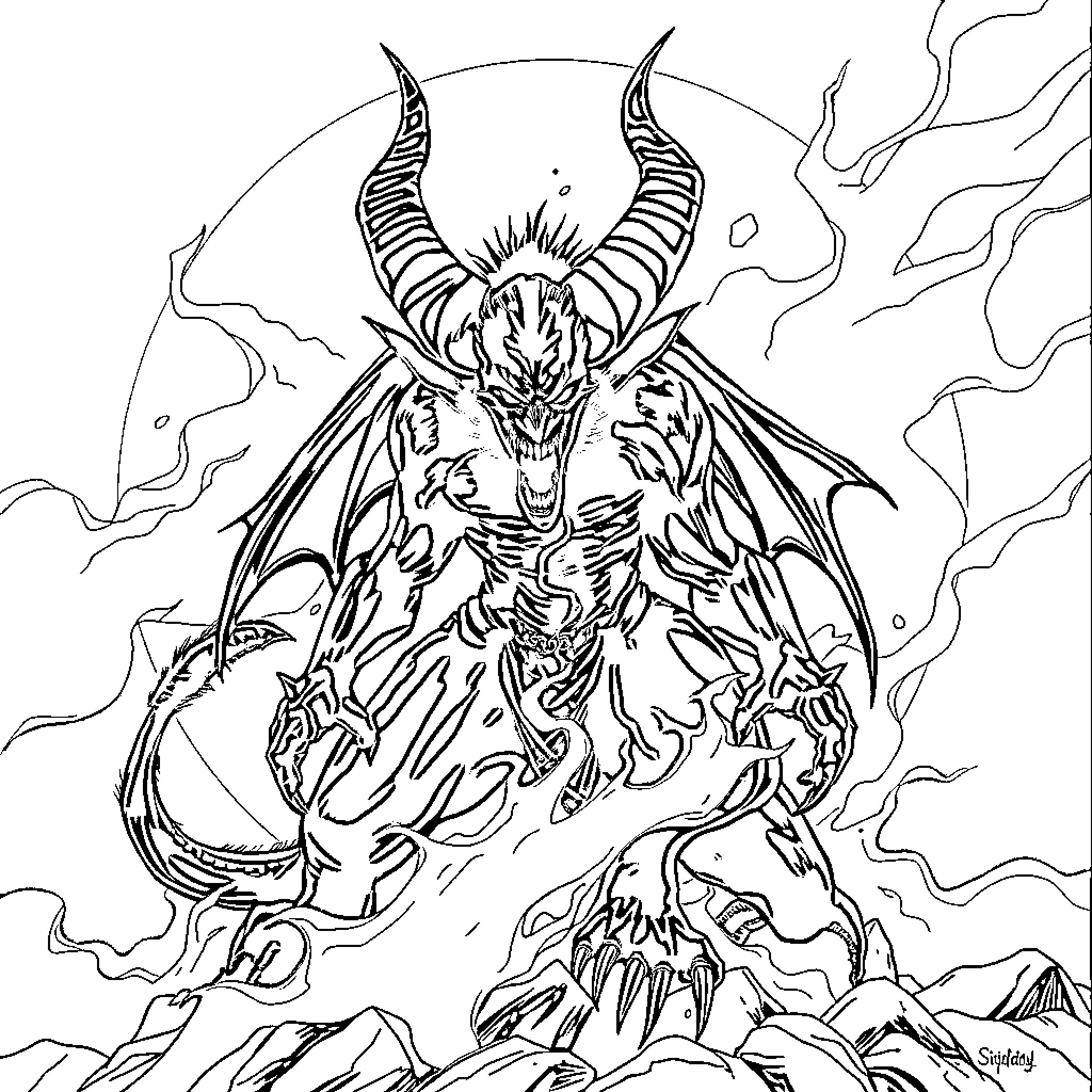 Demon Unleashes Fierce Powers Amidst Stormy Landscape Coloring Page (free black-and-white line drawing printable PDF for all, from beginners to advanced learners, including children, teens, adults, and seniors)