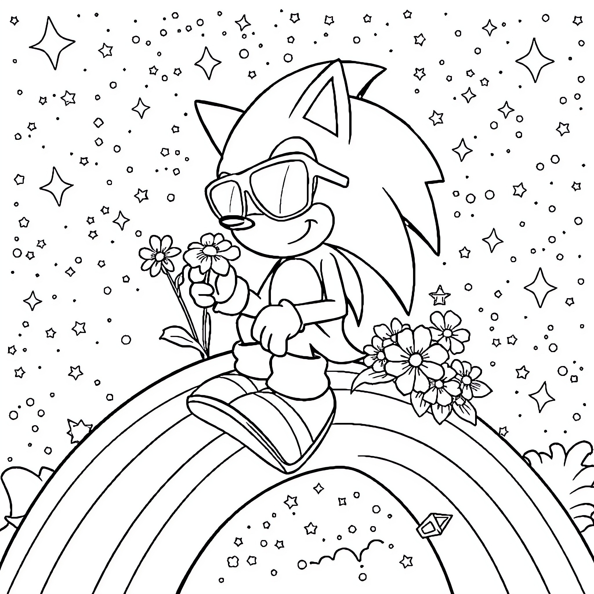Sonic's Whimsical Adventure with Flowers and Stars Coloring Page (free black-and-white line drawing printable PDF for all, from beginners to advanced learners, including children, teens, adults, and seniors)
