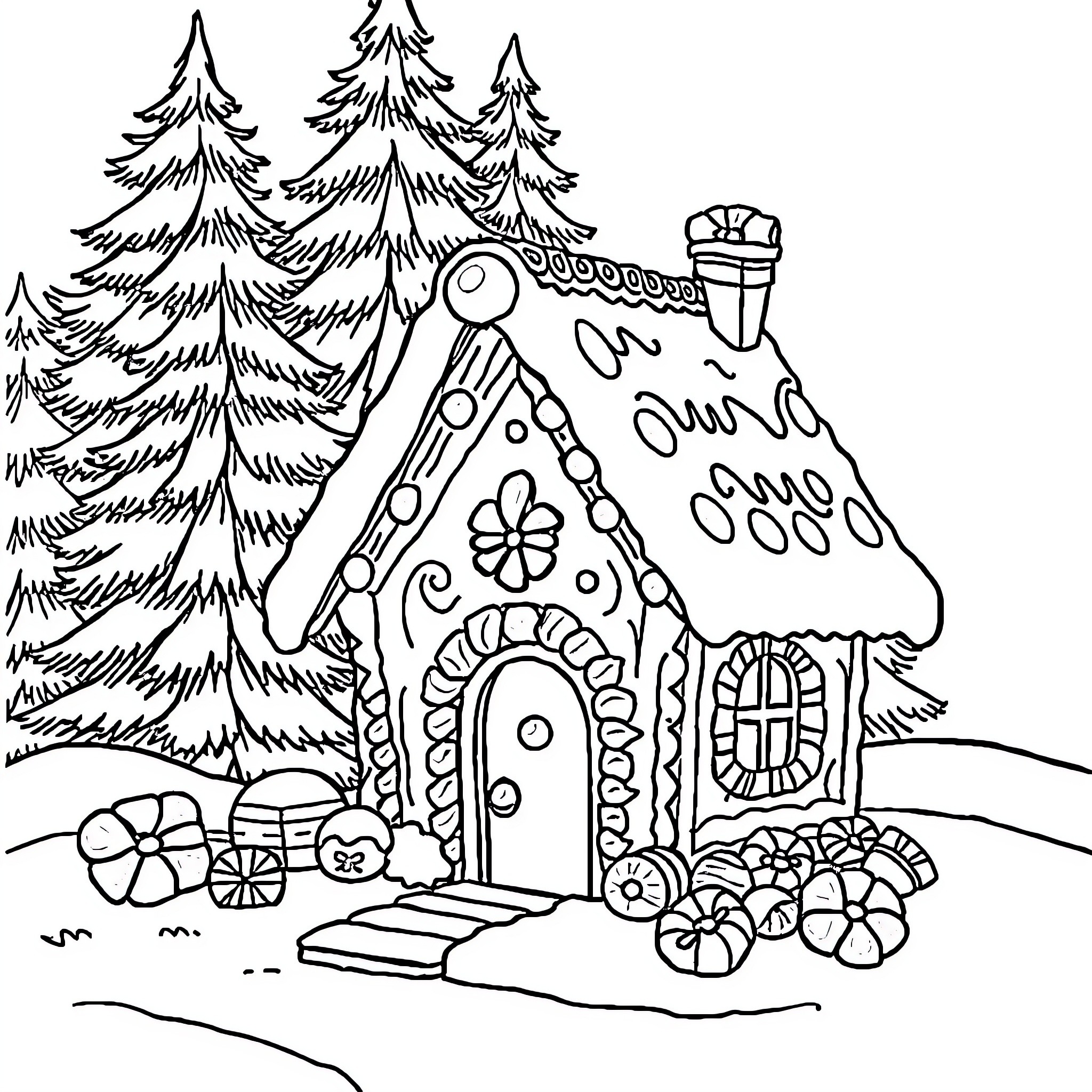 Gingerbread House with Decorative Details in Snowy Forest Coloring Page (free black-and-white line drawing printable PDF for all, from beginners to advanced learners, including children, teens, adults, and seniors)