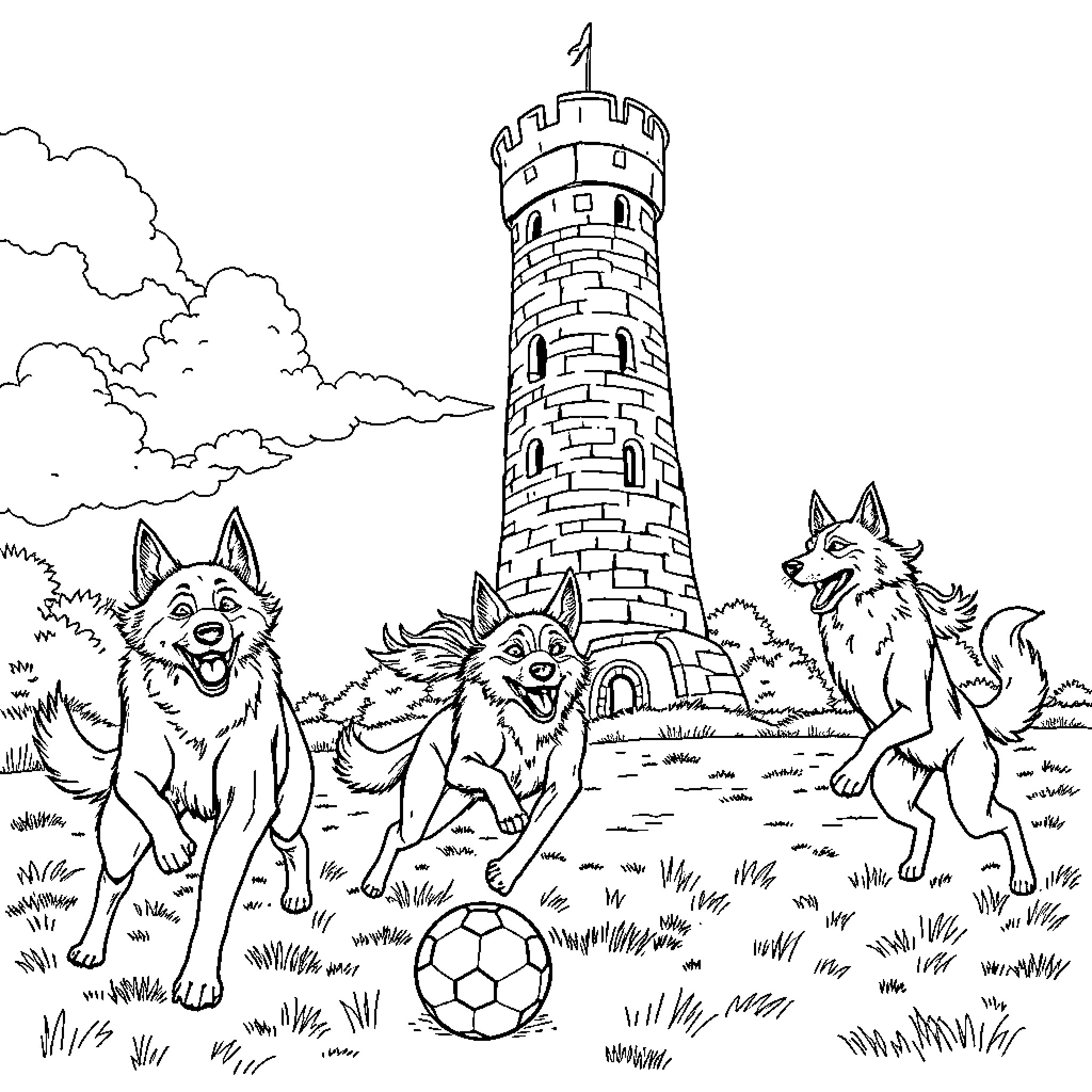 Wild Dogs Playing Joyfully Near Castle Tower Coloring Page (free black-and-white line drawing printable PDF for all, from beginners to advanced learners, including children, teens, adults, and seniors)