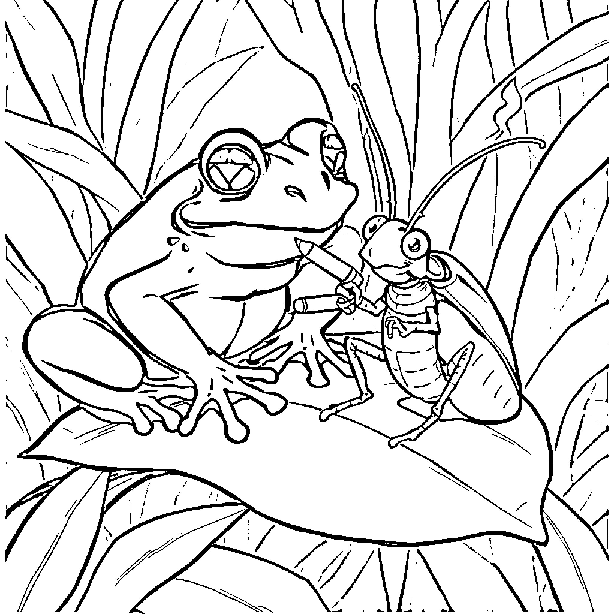 Frog friends explore the undergrowth Coloring Page (free black-and-white line drawing printable PDF for all, from beginners to advanced learners, including children, teens, adults, and seniors)