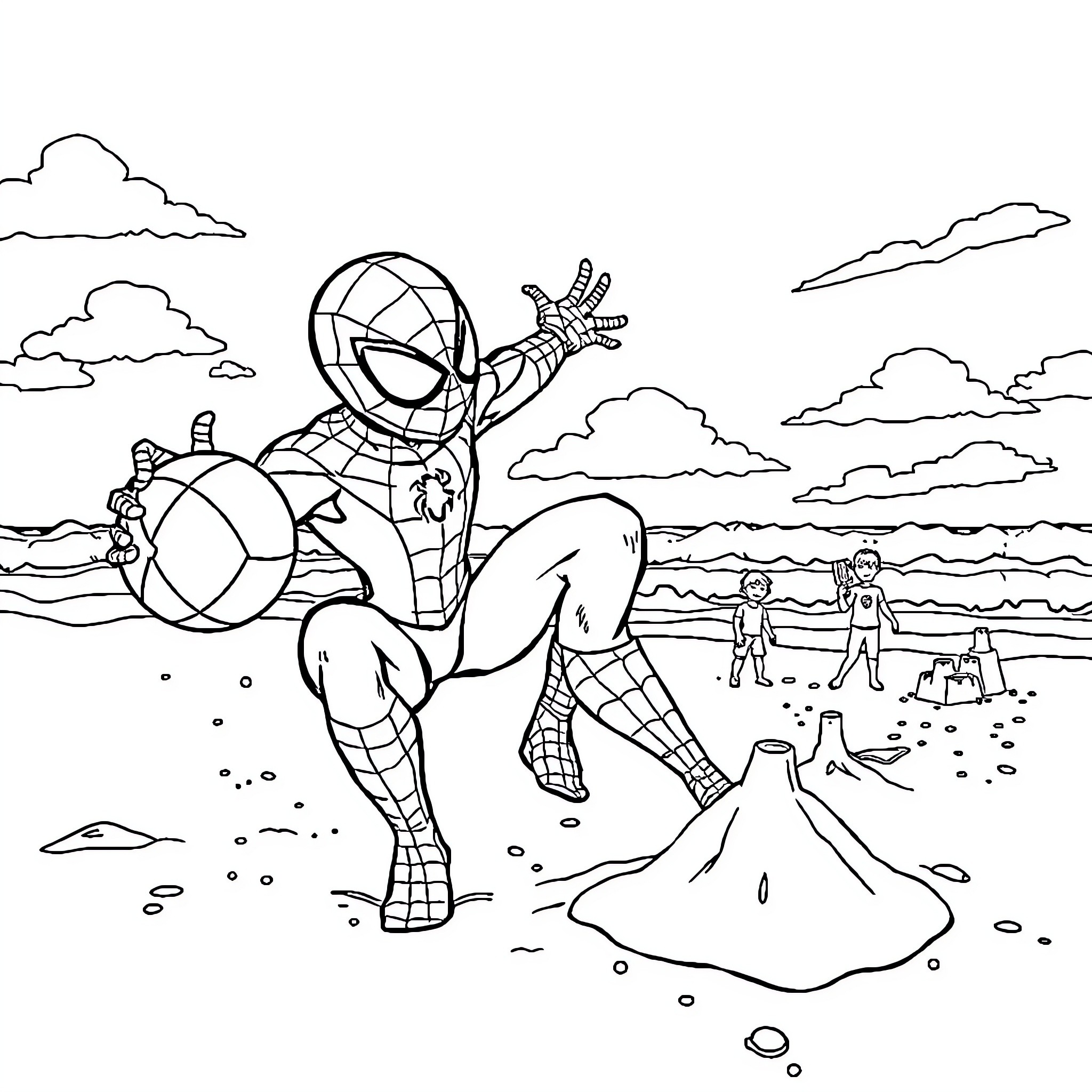 Spiderman swinging through the city with web shooters Coloring Page (free black-and-white line drawing printable PDF for all, from beginners to advanced learners, including children, teens, adults, and seniors)