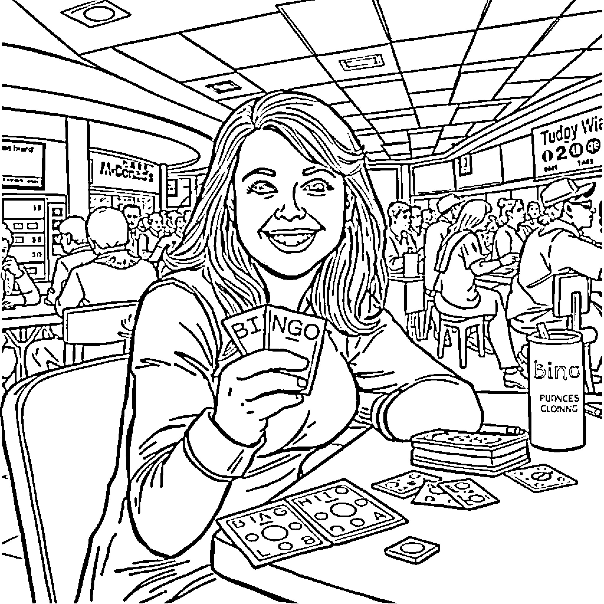 Amberlynn Reid playing bingo at a crowded venue Coloring Page (free black-and-white line drawing printable PDF for all, from beginners to advanced learners, including children, teens, adults, and seniors)