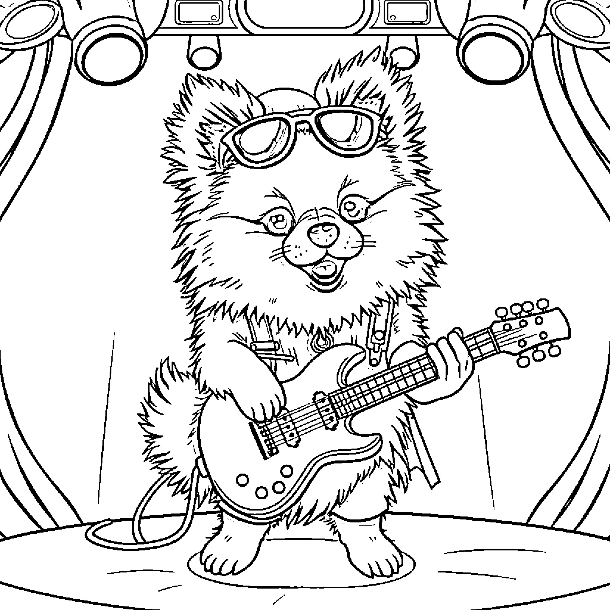 Pomeranian playing guitar on stage Coloring Page (free black-and-white line drawing printable PDF for all, from beginners to advanced learners, including children, teens, adults, and seniors)