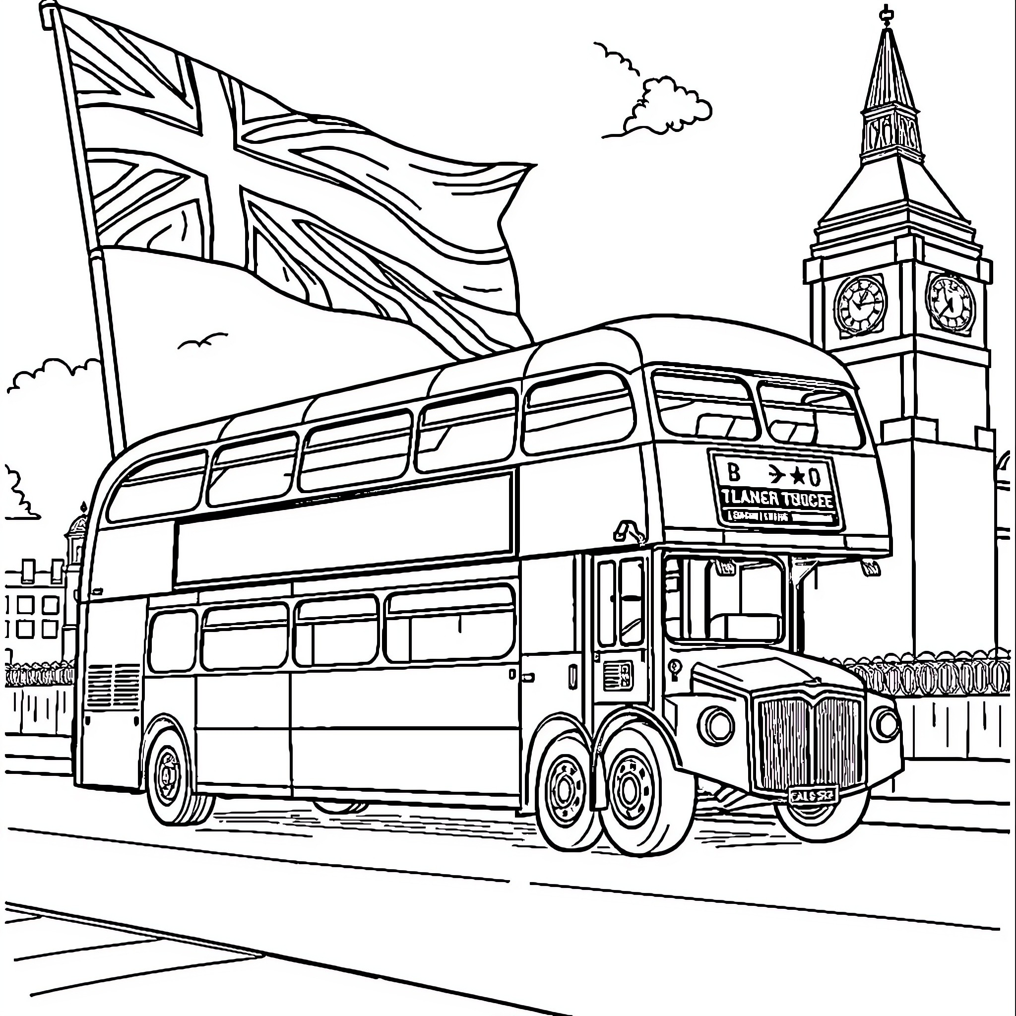Bus with British flag winding through London streets Coloring Page (free black-and-white line drawing printable PDF for all, from beginners to advanced learners, including children, teens, adults, and seniors)