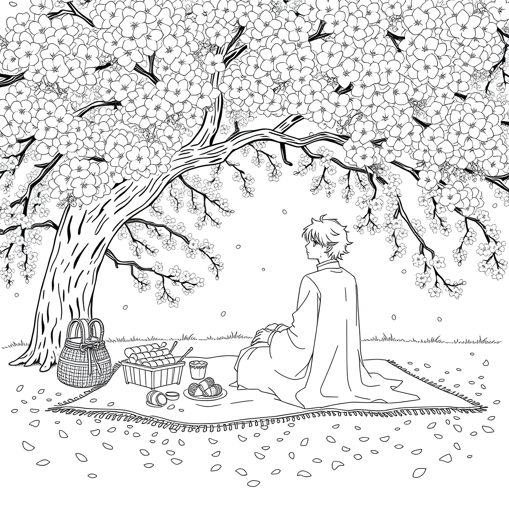 Byakuya Kuchiki enjoying a peaceful picnic under a blossoming tree Coloring Page (free black-and-white line drawing printable PDF for all, from beginners to advanced learners, including children, teens, adults, and seniors)