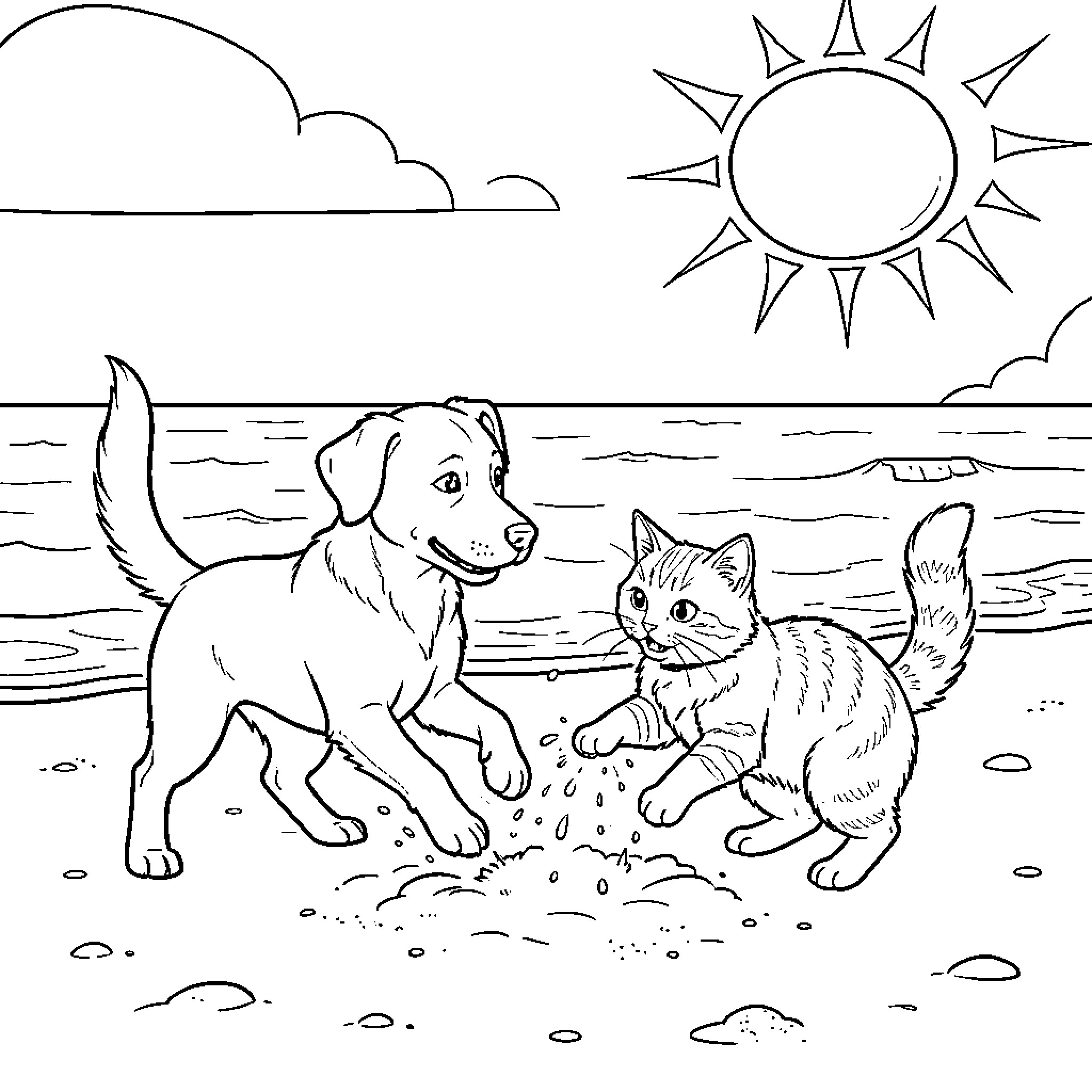 Dog and cat playing together on the beach Coloring Page (free black-and-white line drawing printable PDF for all, from beginners to advanced learners, including children, teens, adults, and seniors)