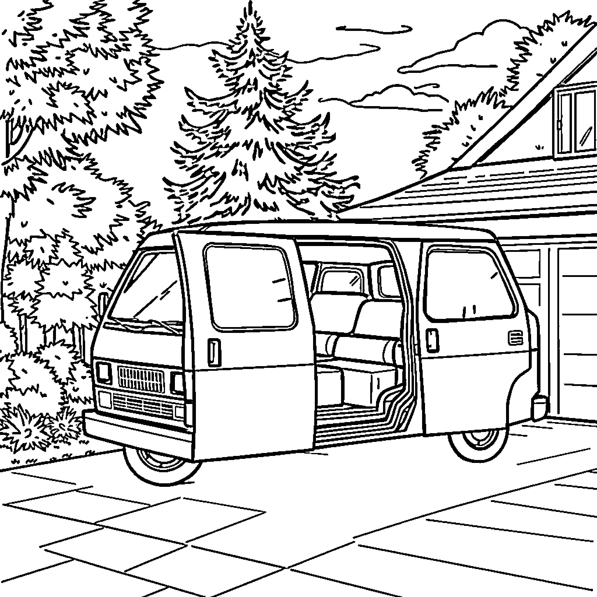 Van parked in front of scenic forest landscape Coloring Page (free black-and-white line drawing printable PDF for all, from beginners to advanced learners, including children, teens, adults, and seniors)