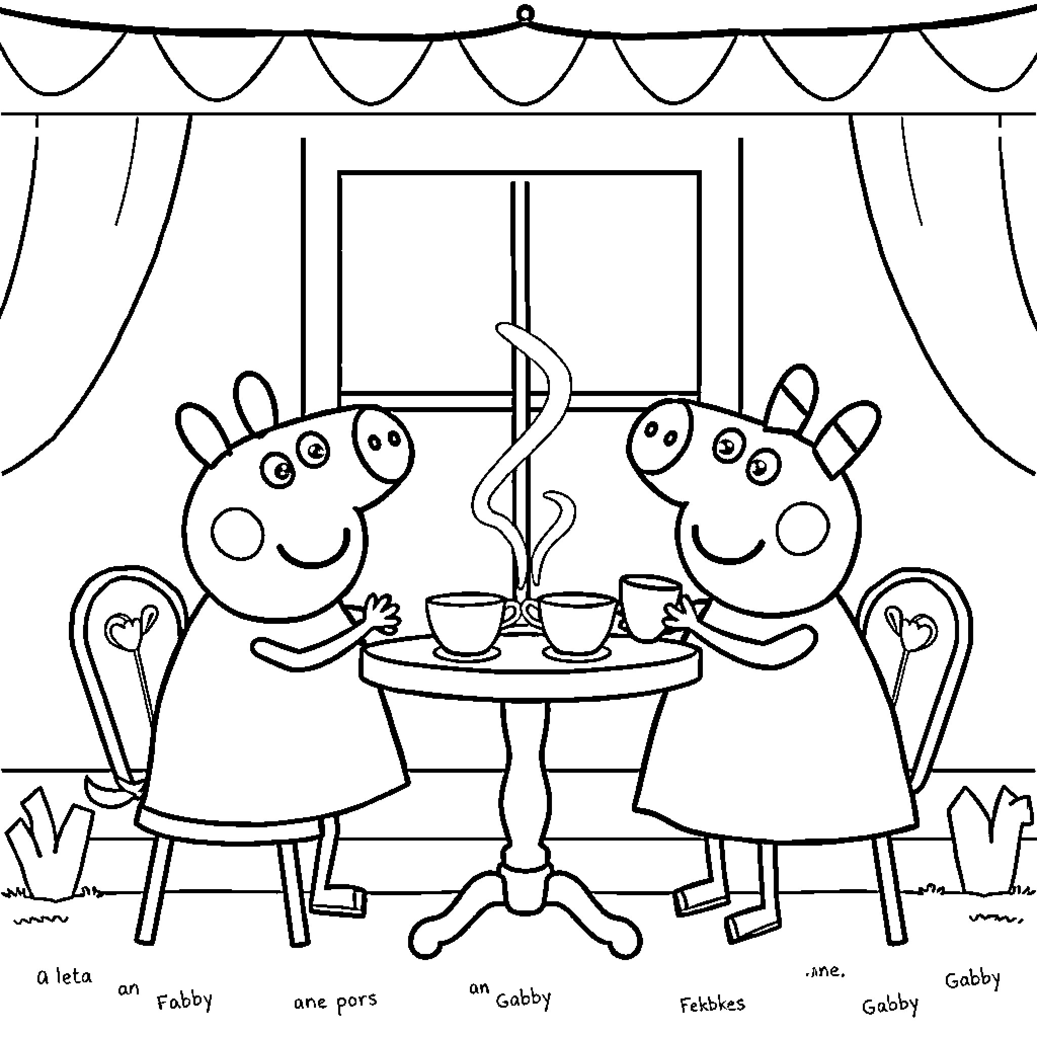 Peppa Pig and Daddy Pig sharing tea time Coloring Page (free black-and-white line drawing printable PDF for all, from beginners to advanced learners, including children, teens, adults, and seniors)