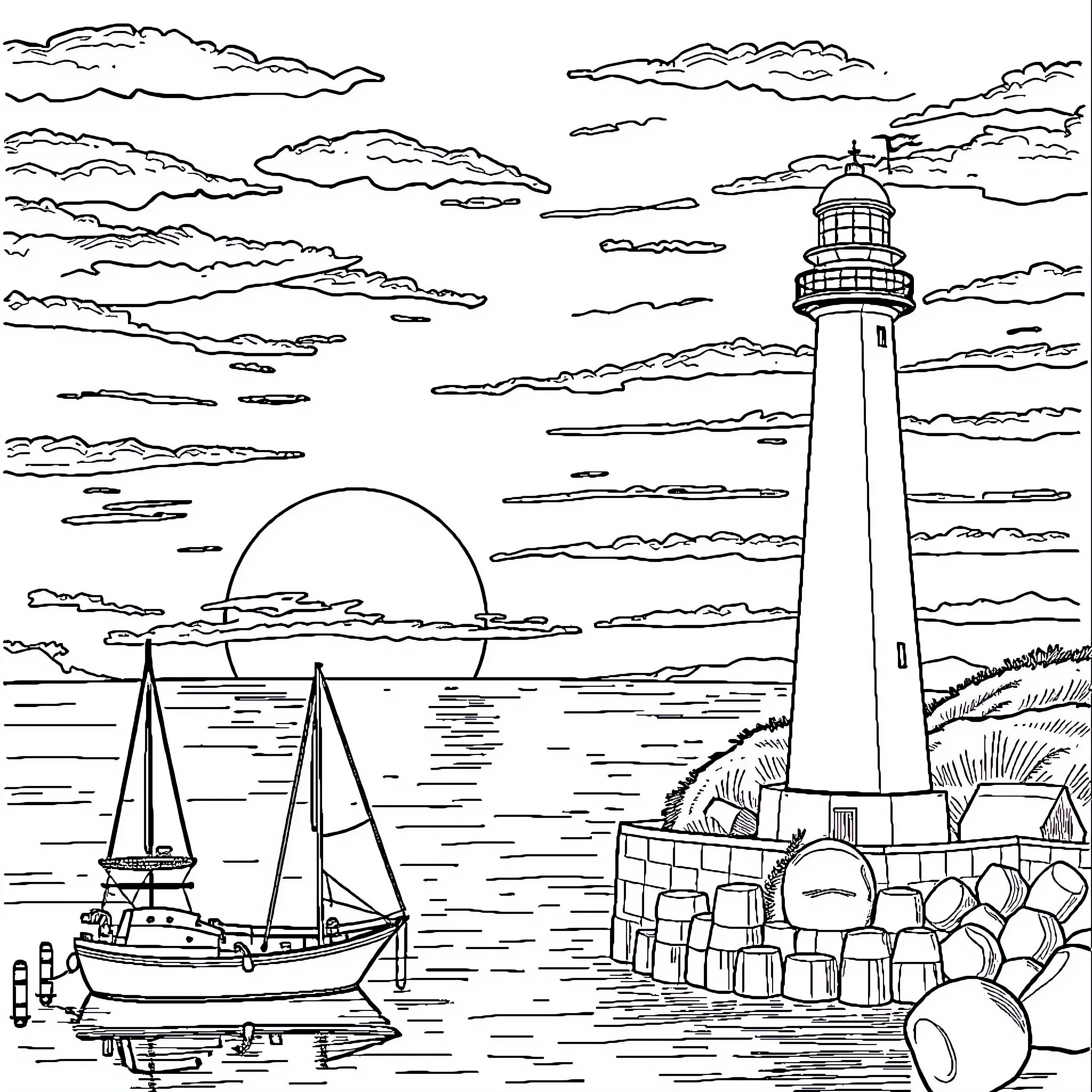 Lighthouse with sailing boats at sunset Coloring Page (free black-and-white line drawing printable PDF for all, from beginners to advanced learners, including children, teens, adults, and seniors)