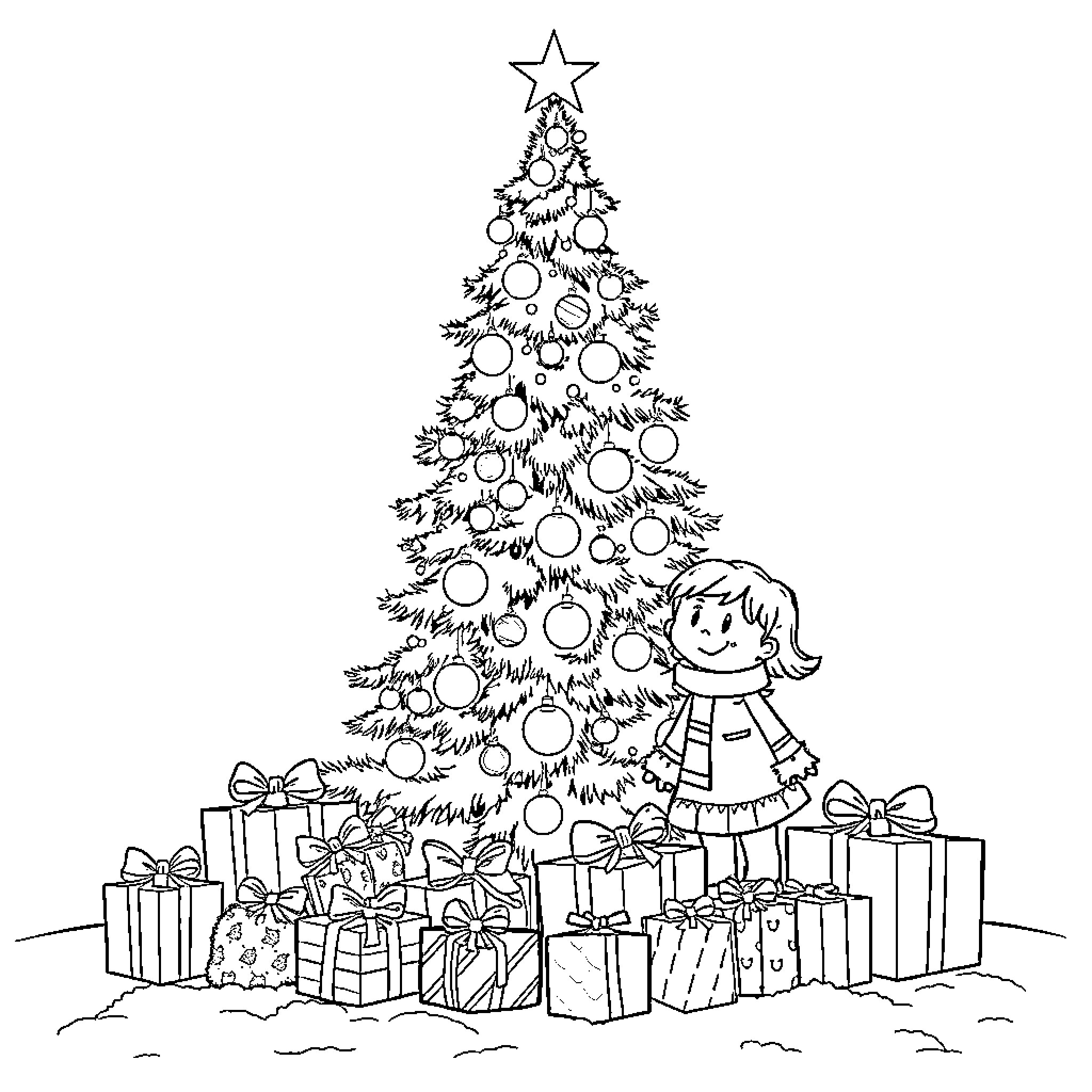 Christmas Tree with Decorated Girl and Presents Coloring Page (free black-and-white line drawing printable PDF for all, from beginners to advanced learners, including children, teens, adults, and seniors)