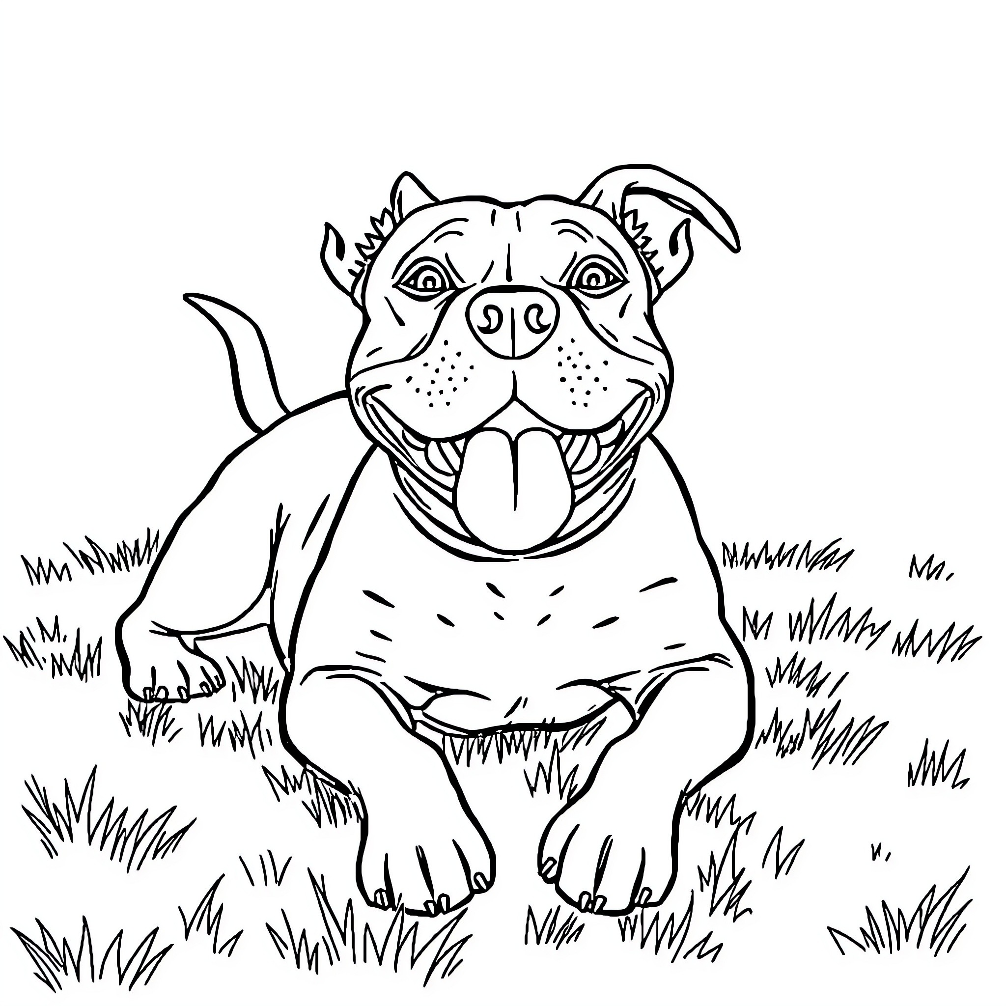 Pitbull playing happily in the grass Coloring Page (free black-and-white line drawing printable PDF for all, from beginners to advanced learners, including children, teens, adults, and seniors)