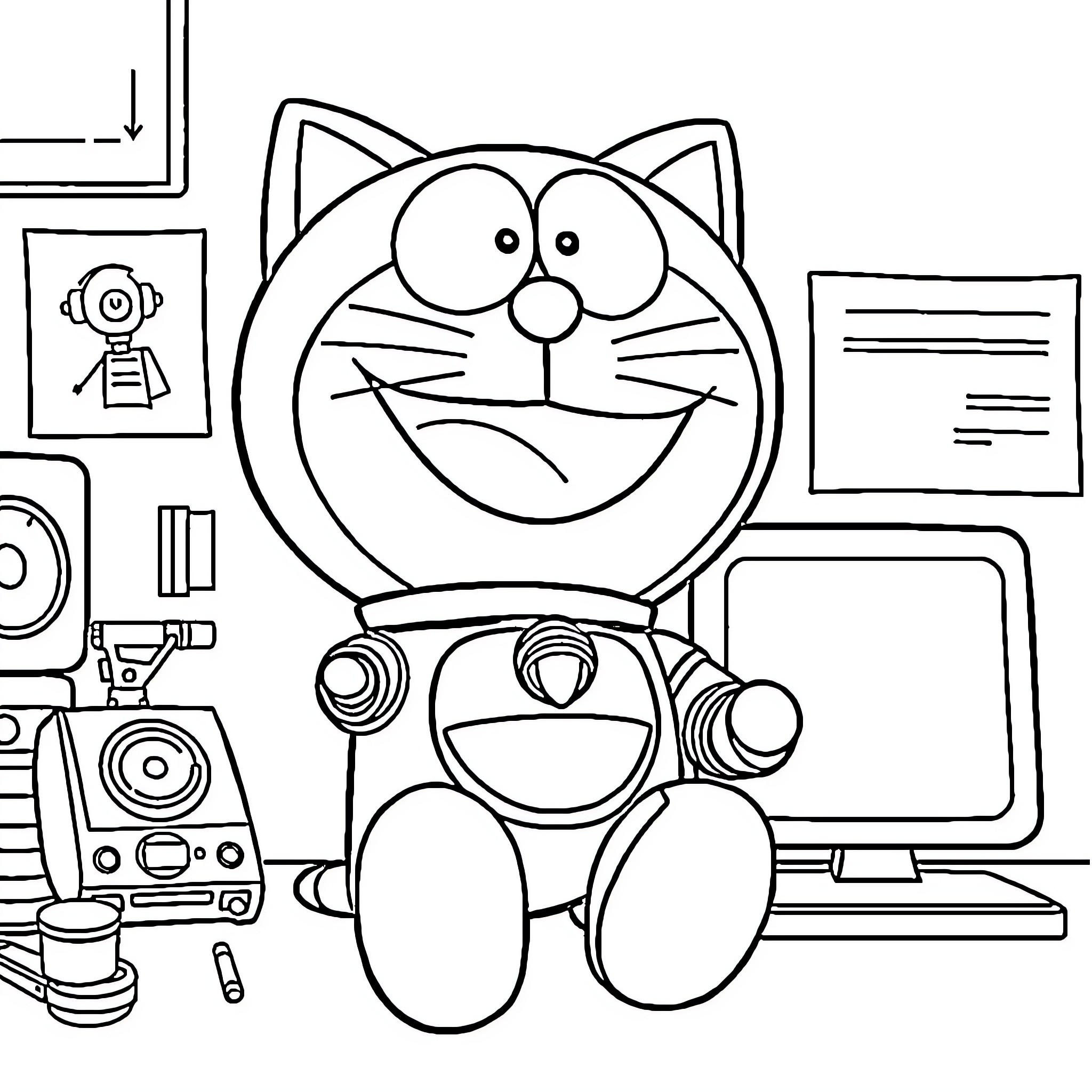 Doraemon surrounded by technology and gadgets Coloring Page (free black-and-white line drawing printable PDF for all, from beginners to advanced learners, including children, teens, adults, and seniors)