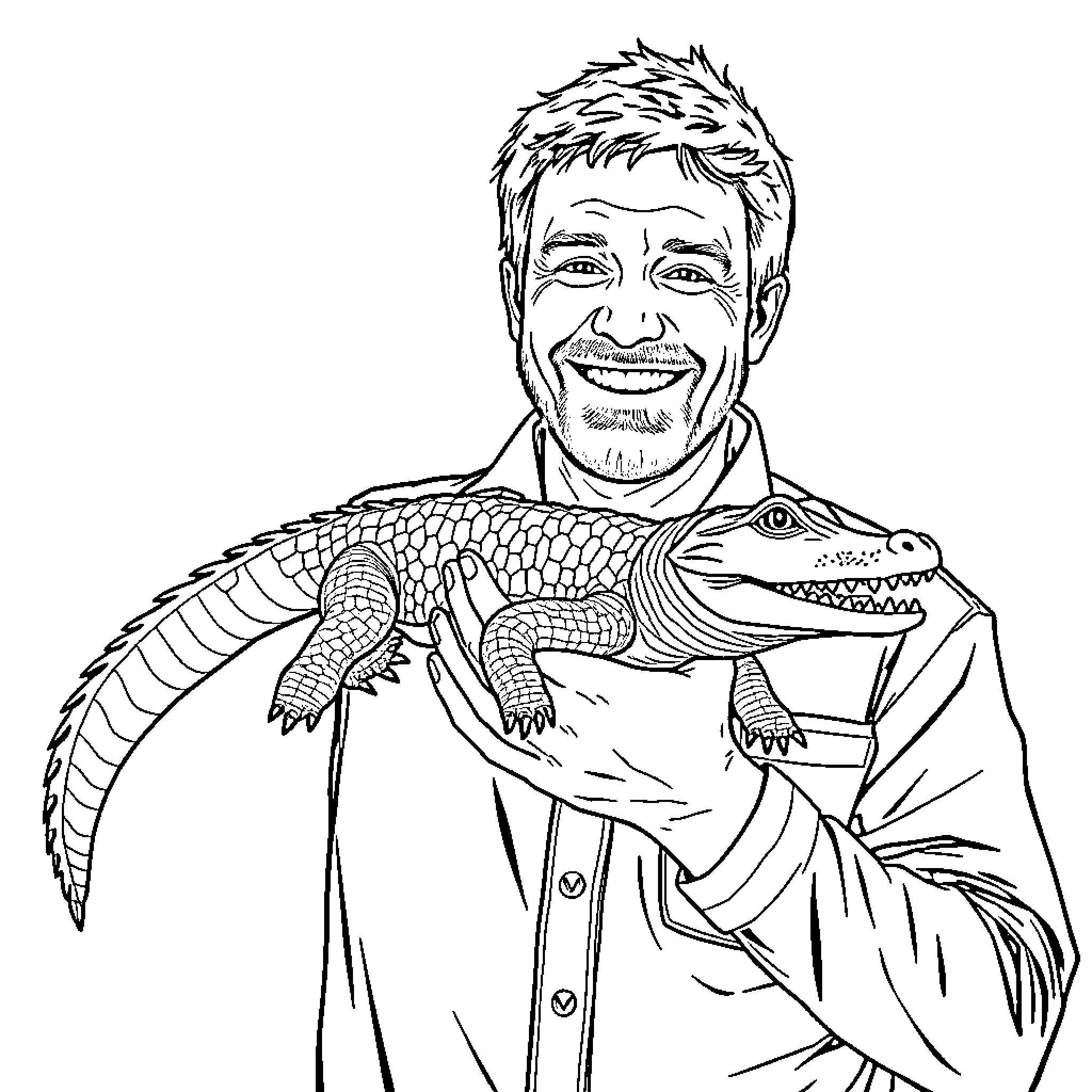 Alligator Handler Displaying Reptile Proudly Coloring Page (free black-and-white line drawing printable PDF for all, from beginners to advanced learners, including children, teens, adults, and seniors)