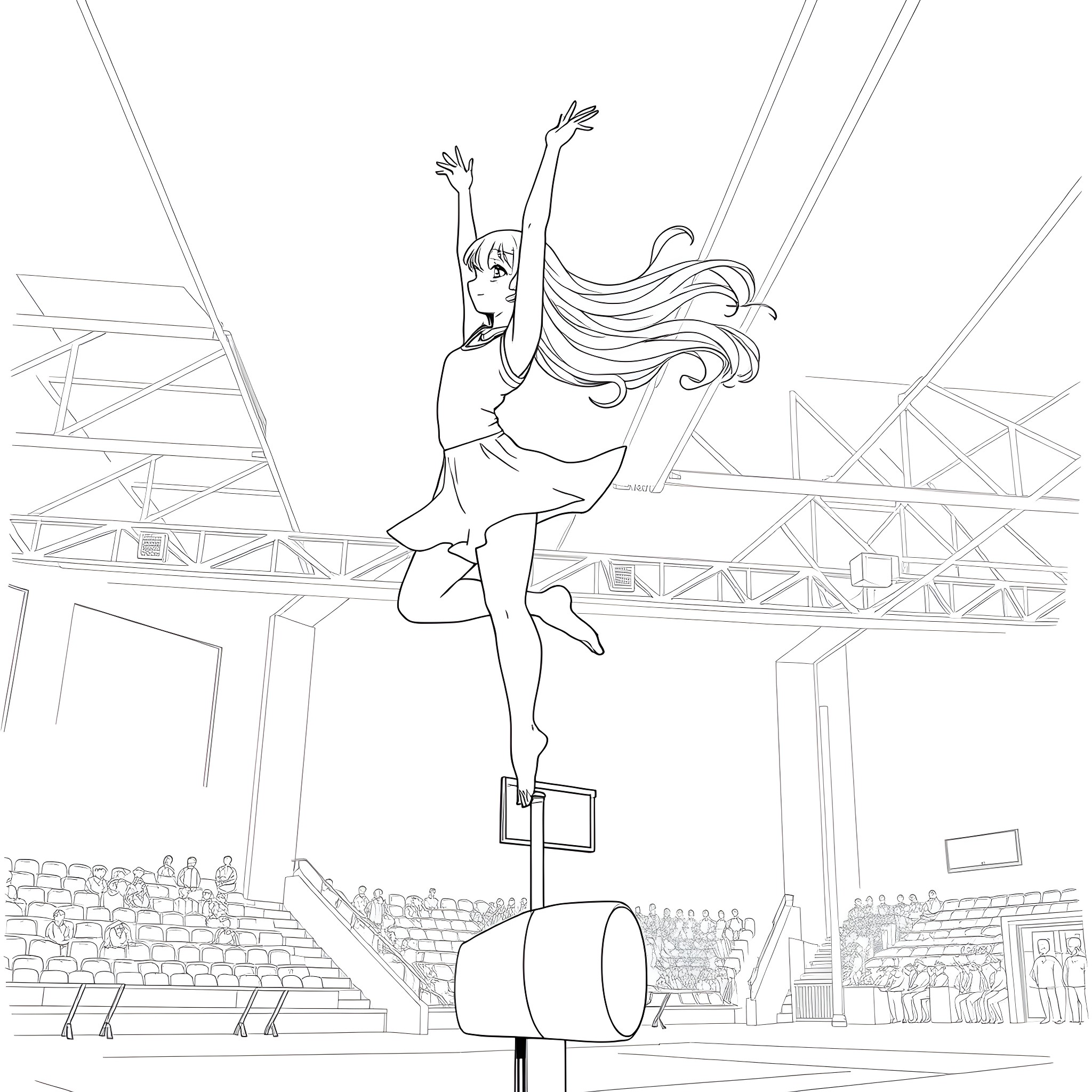 Anime Girl Gracefully Performing on Stage Coloring Page (free black-and-white line drawing printable PDF for all, from beginners to advanced learners, including children, teens, adults, and seniors)