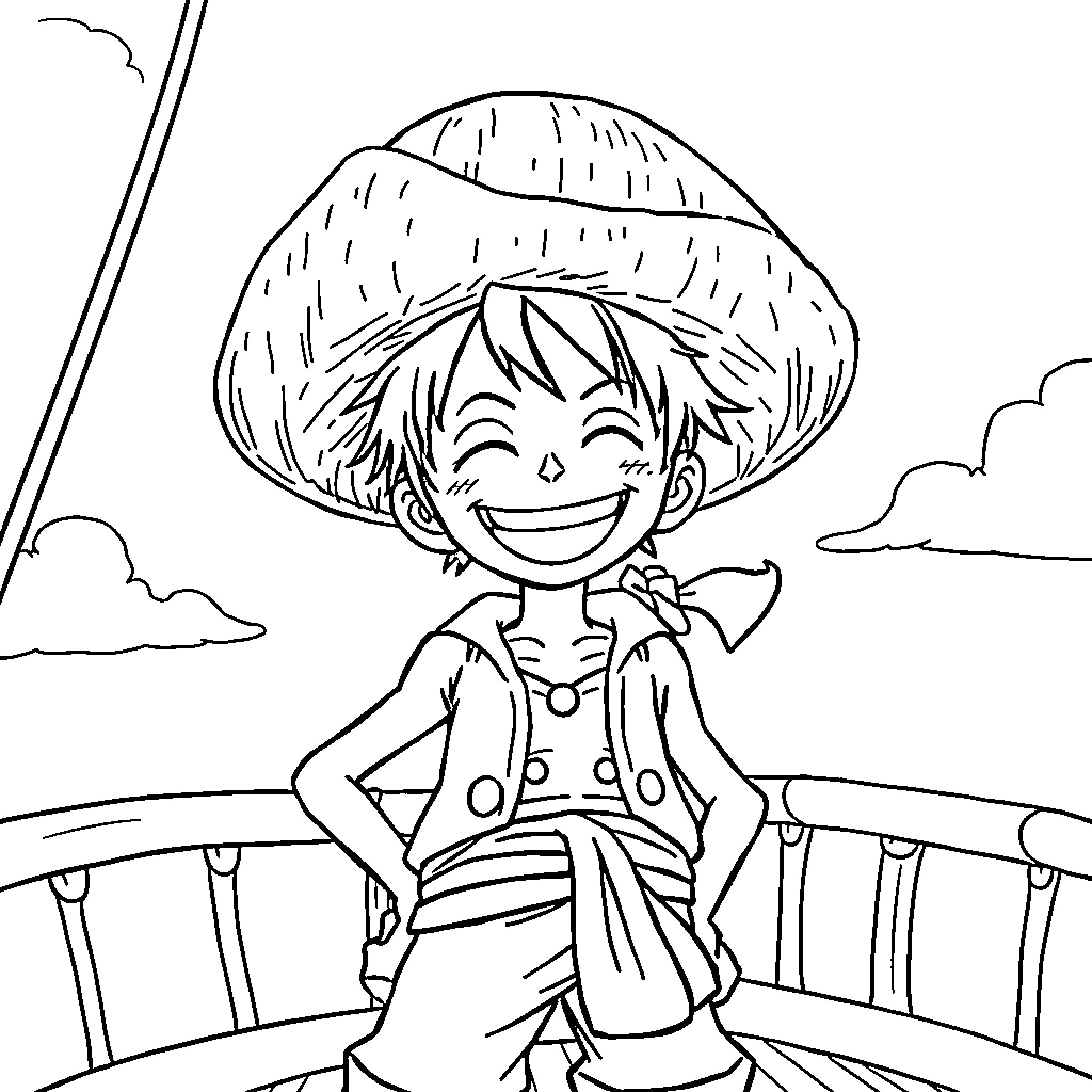 Luffy's Cheerful Adventure on the High Seas Coloring Page (free black-and-white line drawing printable PDF for all, from beginners to advanced learners, including children, teens, adults, and seniors)