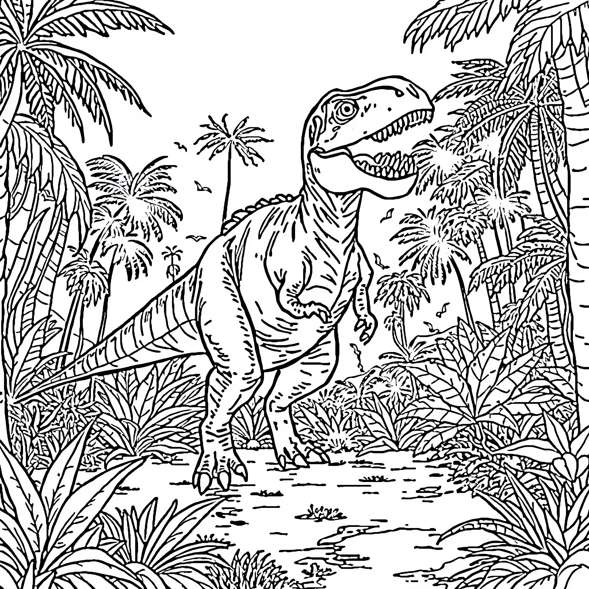 Tyrannosaurus Rex hunting in a lush prehistoric jungle Coloring Page (free black-and-white line drawing printable PDF for all, from beginners to advanced learners, including children, teens, adults, and seniors)