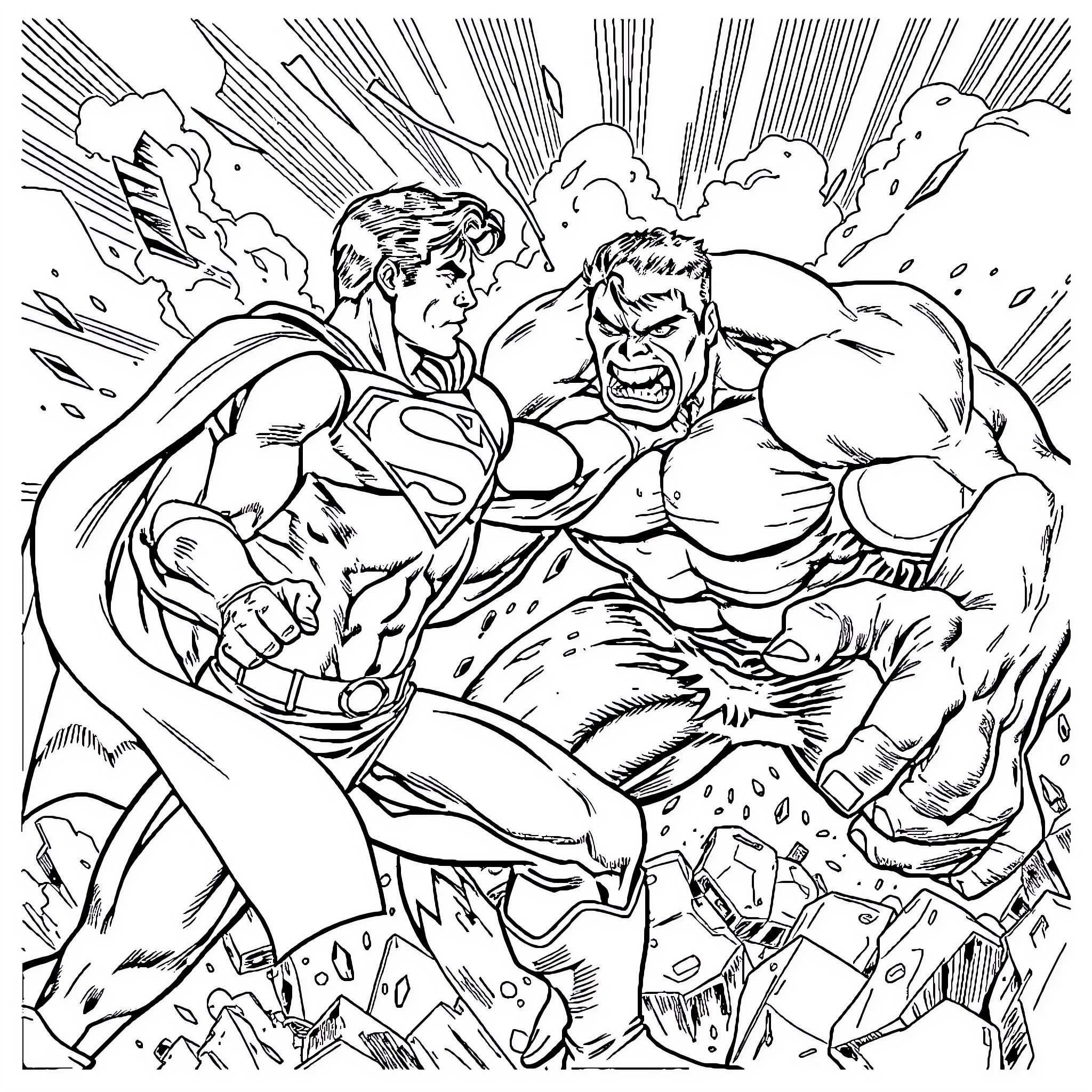 Superman battling a powerful foe in an intense showdown Coloring Page (free black-and-white line drawing printable PDF for all, from beginners to advanced learners, including children, teens, adults, and seniors)