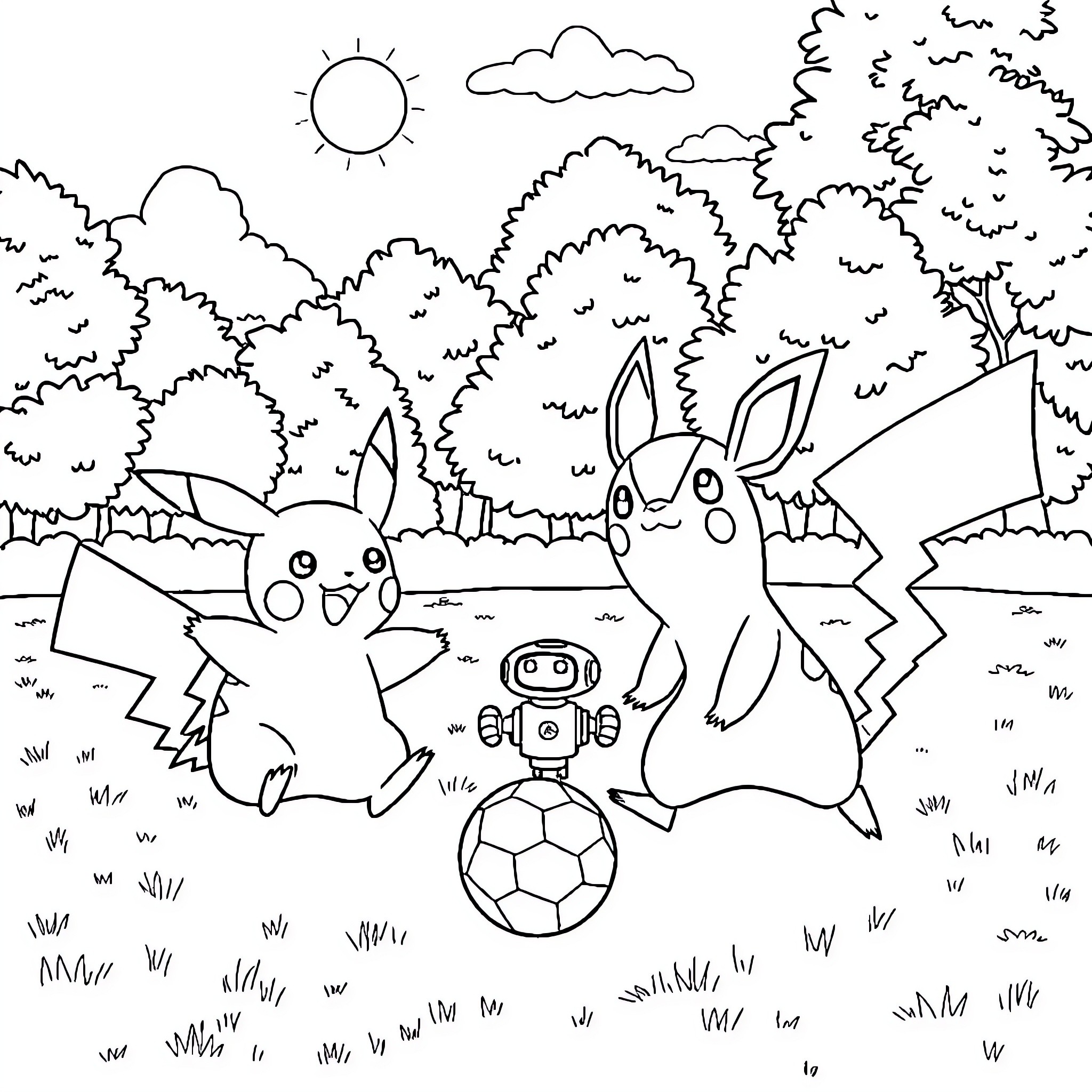 Pikachu and Raichu playing with a robot in the forest Coloring Page (free black-and-white line drawing printable PDF for all, from beginners to advanced learners, including children, teens, adults, and seniors)