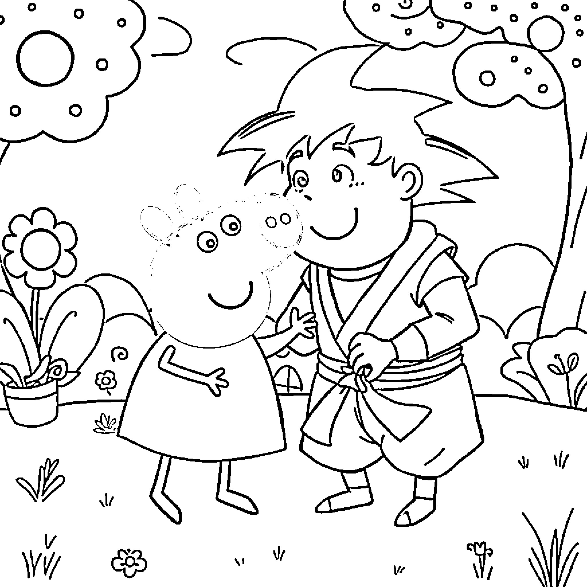 Peppa Pig characters in a floral garden scene Coloring Page (free black-and-white line drawing printable PDF for all, from beginners to advanced learners, including children, teens, adults, and seniors)
