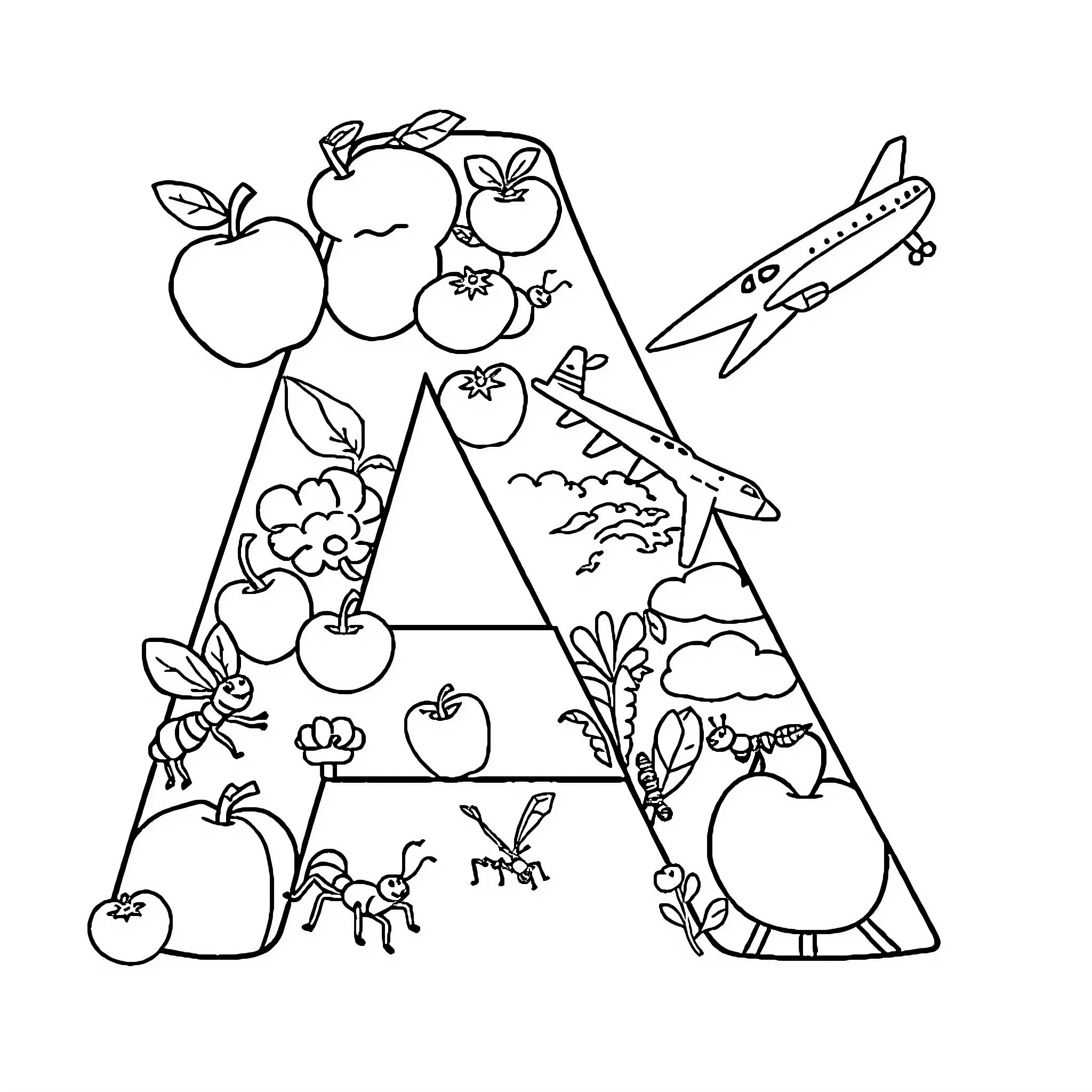 Letter A with Assorted Fruits and Nature Scenes Coloring Page (free black-and-white line drawing printable PDF for all, from beginners to advanced learners, including children, teens, adults, and seniors)