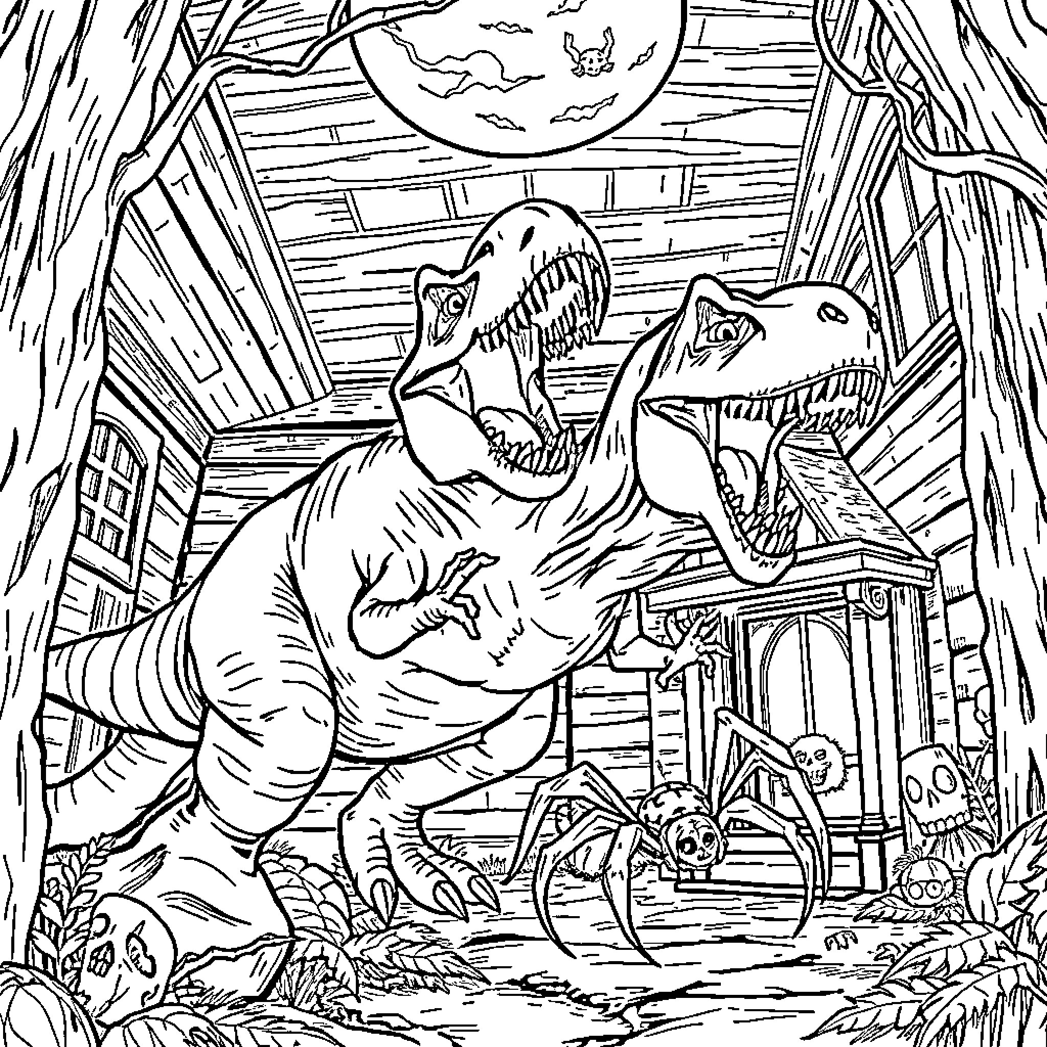 T-Rex Dinosaurs Battling in Prehistoric Landscape Coloring Page (free black-and-white line drawing printable PDF for all, from beginners to advanced learners, including children, teens, adults, and seniors)