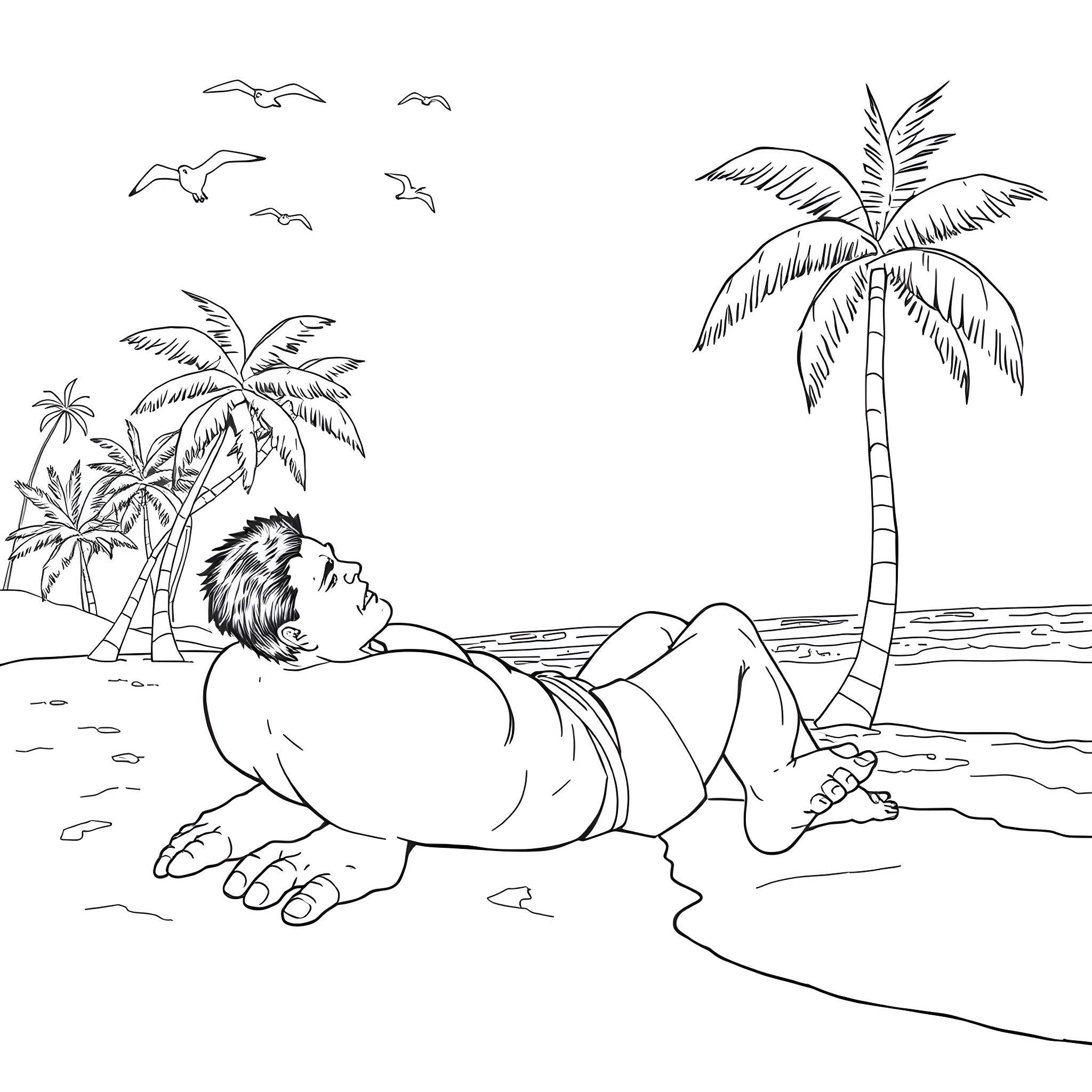 Hulk relaxing on a tropical beach Coloring Page (free black-and-white line drawing printable PDF for all, from beginners to advanced learners, including children, teens, adults, and seniors)