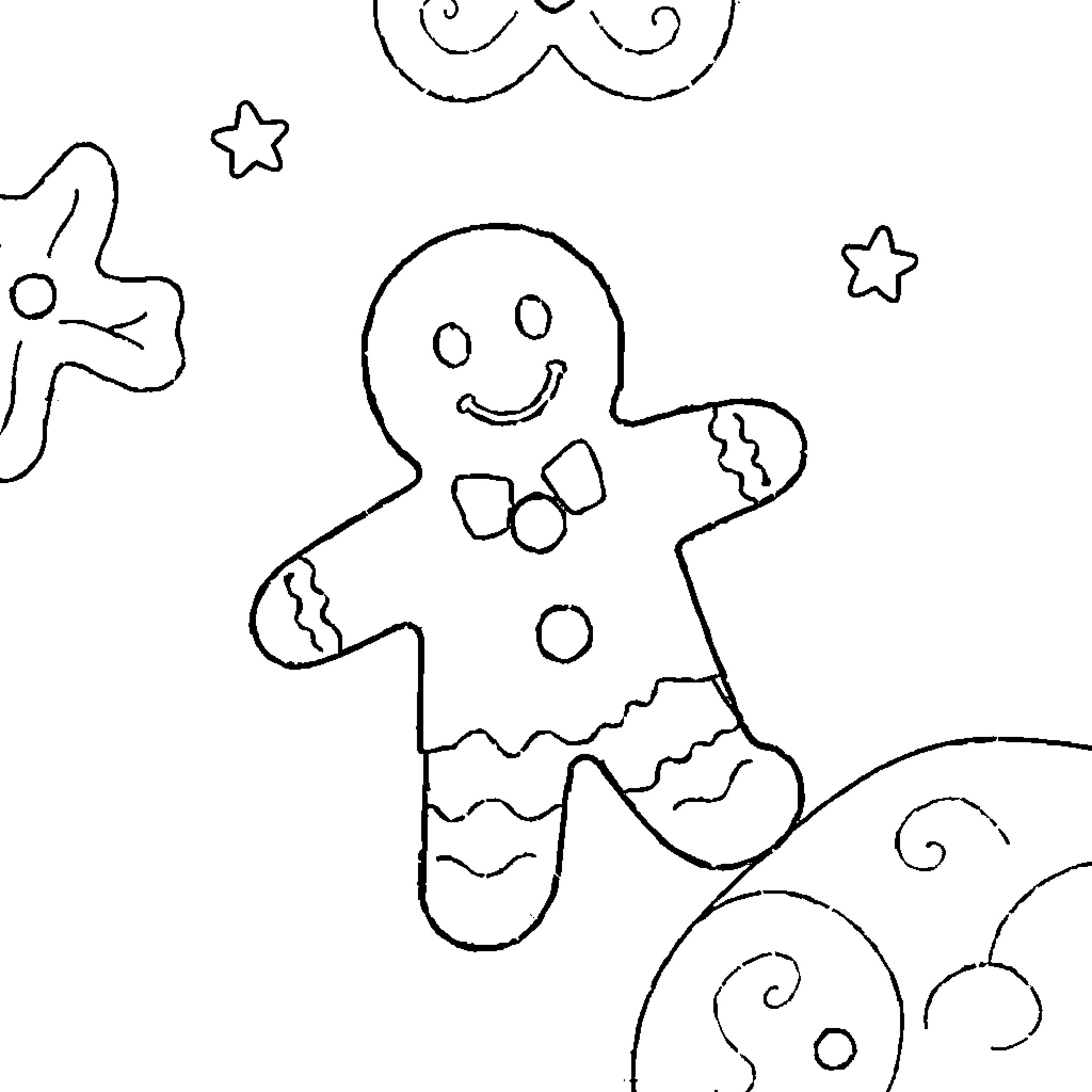 Gingerbread Man dancing with joy in a whimsical scene Coloring Page (free black-and-white line drawing printable PDF for all, from beginners to advanced learners, including children, teens, adults, and seniors)