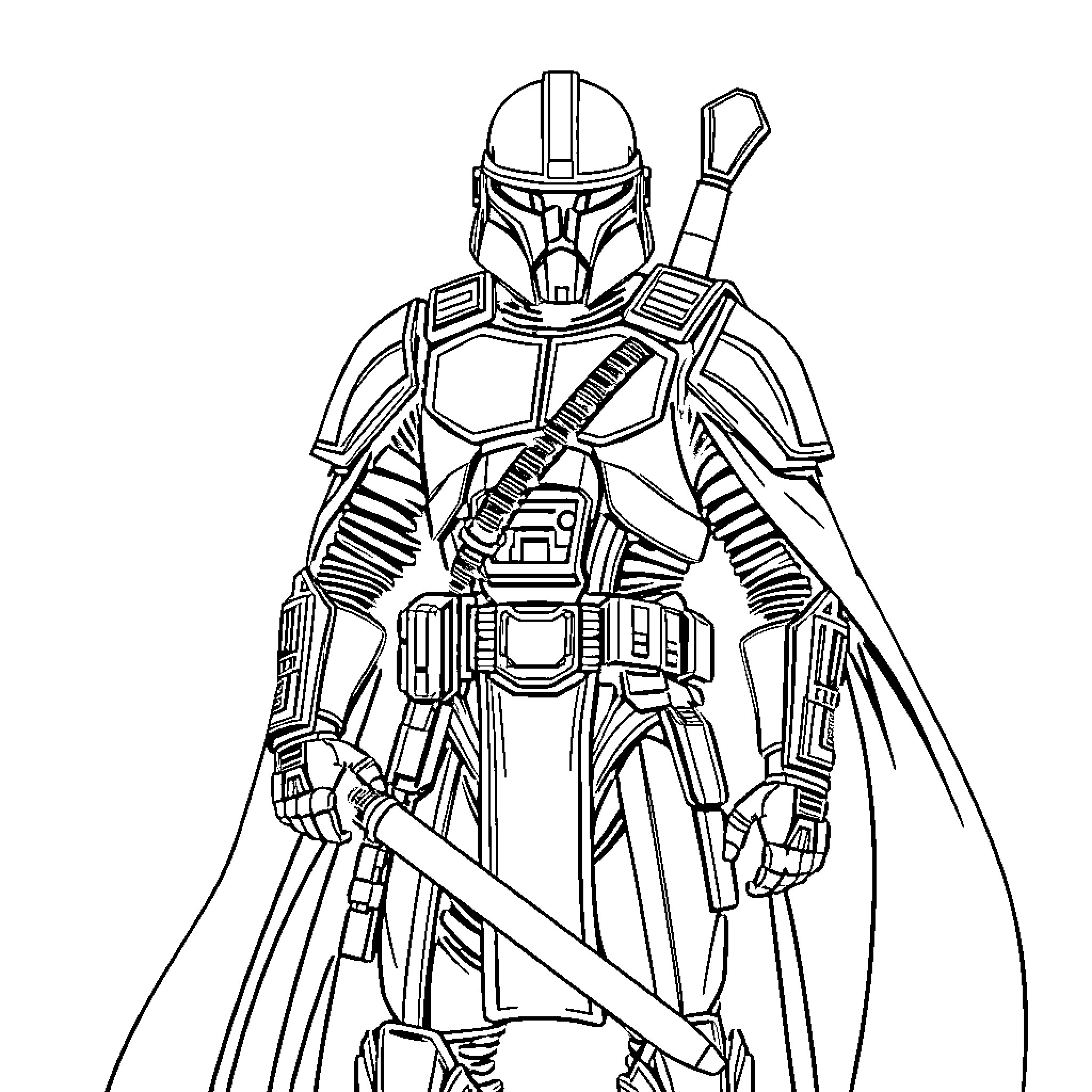 Master Chief wielding weapons in combat-ready stance Coloring Page (free black-and-white line drawing printable PDF for all, from beginners to advanced learners, including children, teens, adults, and seniors)