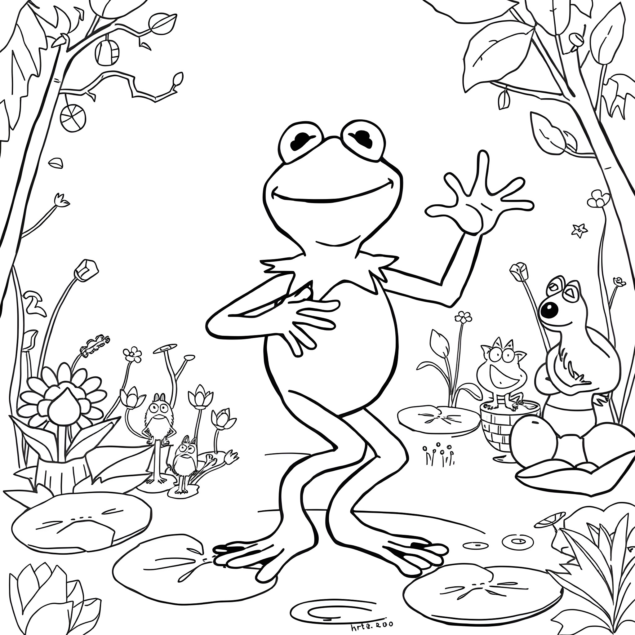 Kermit the Frog happily waving in a nature scene Coloring Page (free black-and-white line drawing printable PDF for all, from beginners to advanced learners, including children, teens, adults, and seniors)