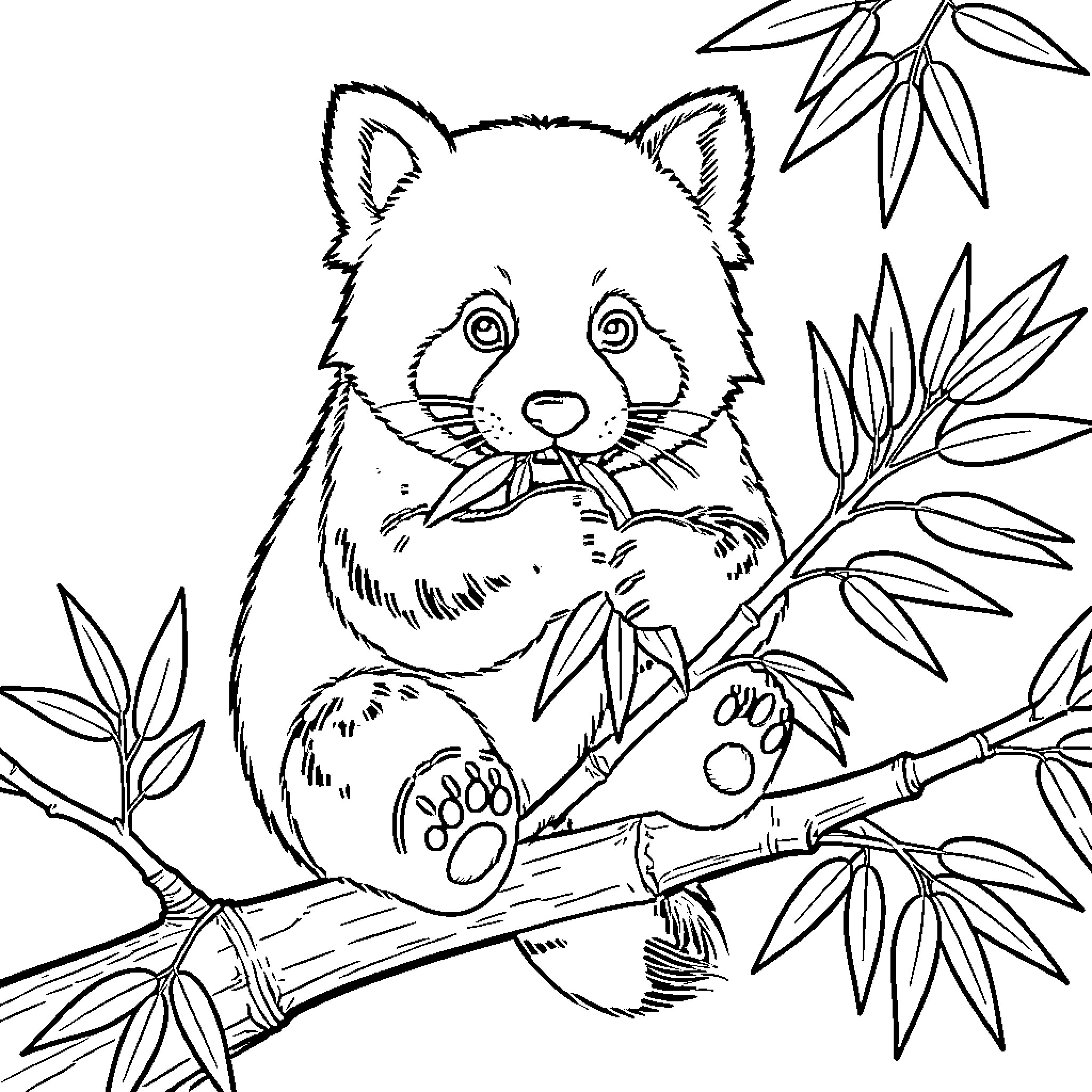 Panda eating bamboo leaves while sitting on a branch Coloring Page (free black-and-white line drawing printable PDF for all, from beginners to advanced learners, including children, teens, adults, and seniors)