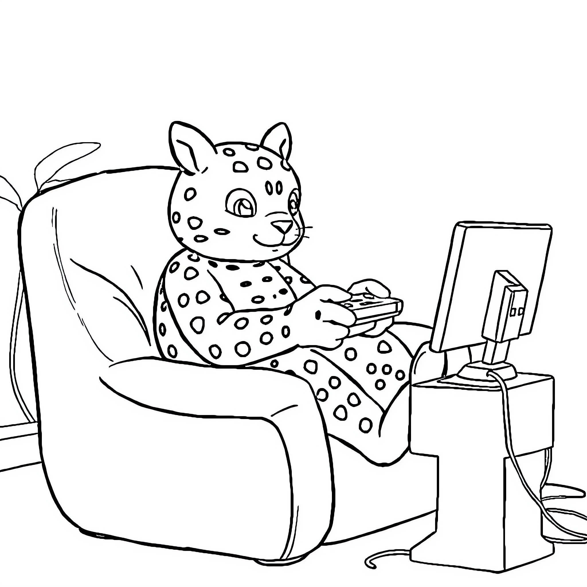 Labubu playing video games on the couch Coloring Page (free black-and-white line drawing printable PDF for all, from beginners to advanced learners, including children, teens, adults, and seniors)