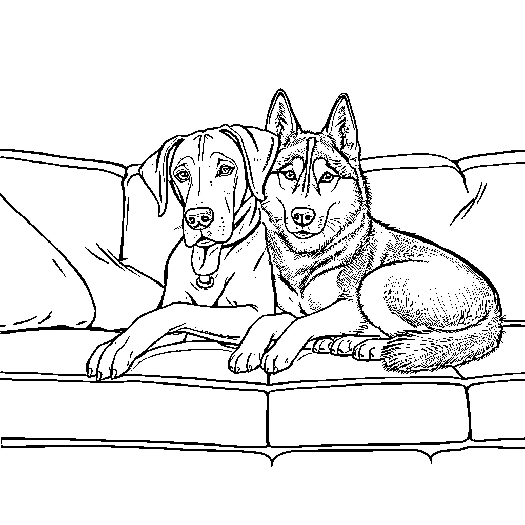 Dog friends relaxing together on the couch Coloring Page (free black-and-white line drawing printable PDF for all, from beginners to advanced learners, including children, teens, adults, and seniors)