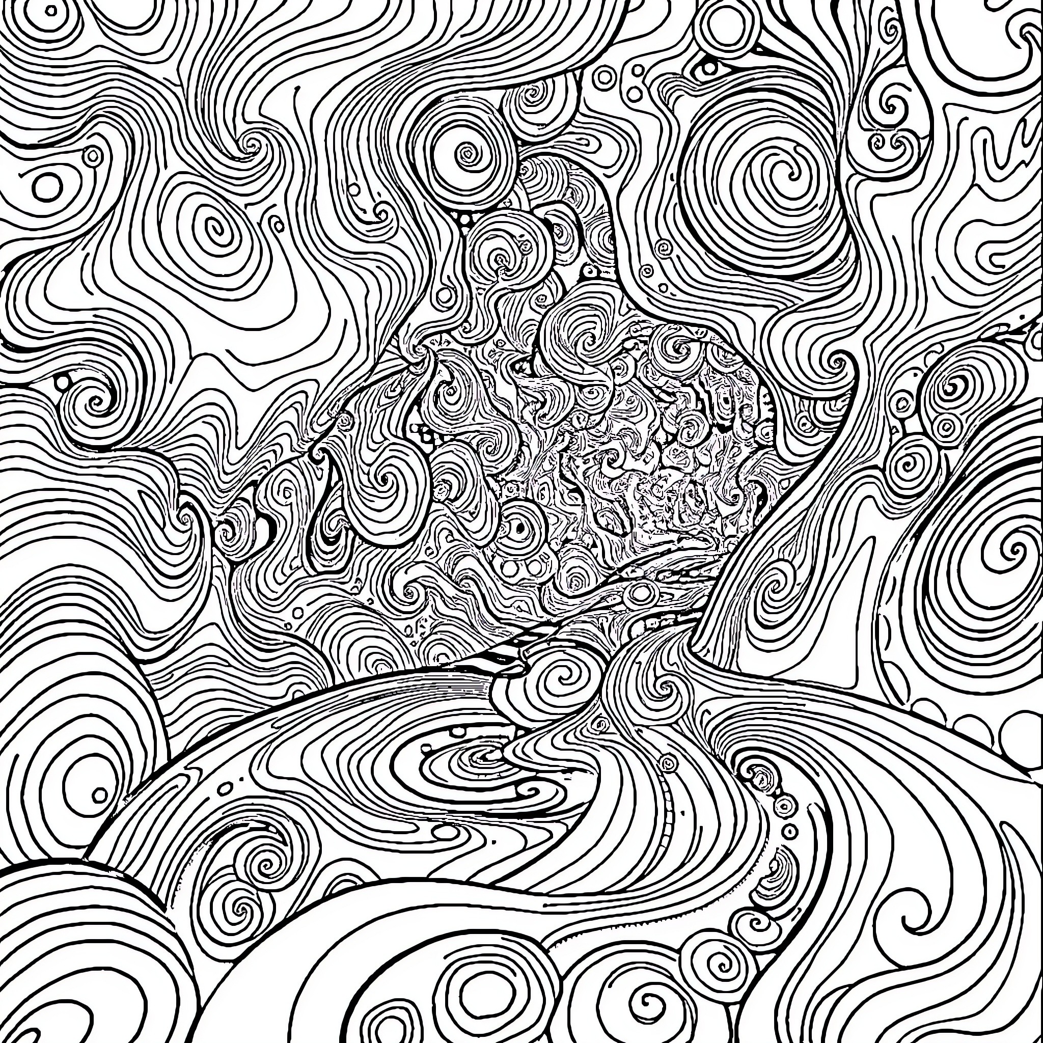 Trip through Swirling Patterns and Waves Coloring Page (free black-and-white line drawing printable PDF for all, from beginners to advanced learners, including children, teens, adults, and seniors)