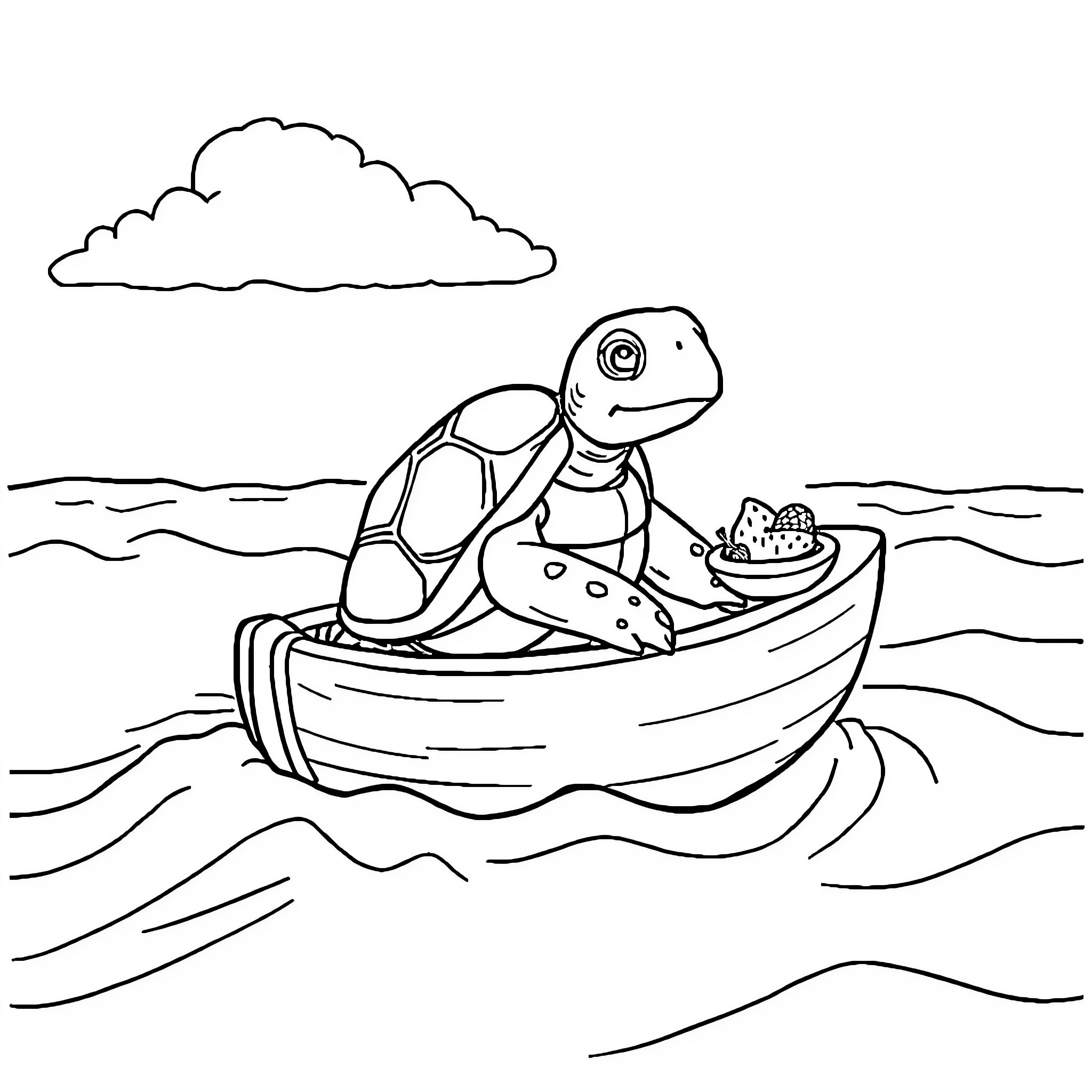 Turtle sailing on a boat in the ocean Coloring Page (free black-and-white line drawing printable PDF for all, from beginners to advanced learners, including children, teens, adults, and seniors)