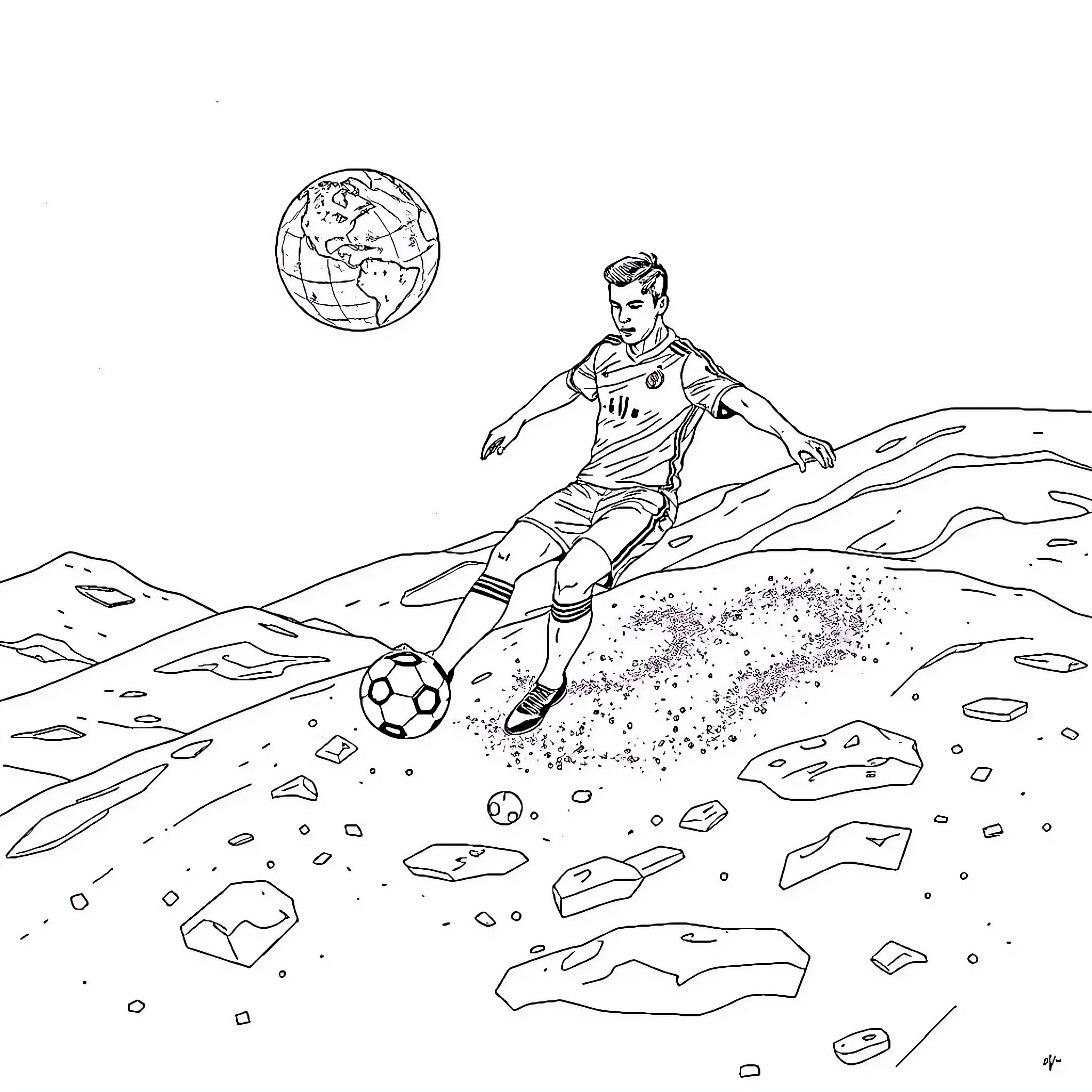 Cristiano Ronaldo playing football on a rocky field Coloring Page (free black-and-white line drawing printable PDF for all, from beginners to advanced learners, including children, teens, adults, and seniors)