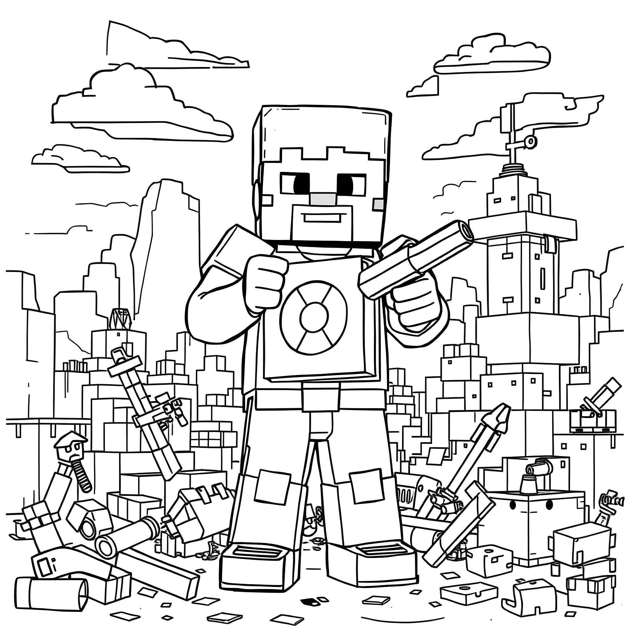 Steve Exploring a Chaotic City Landscape Coloring Page (free black-and-white line drawing printable PDF for all, from beginners to advanced learners, including children, teens, adults, and seniors)