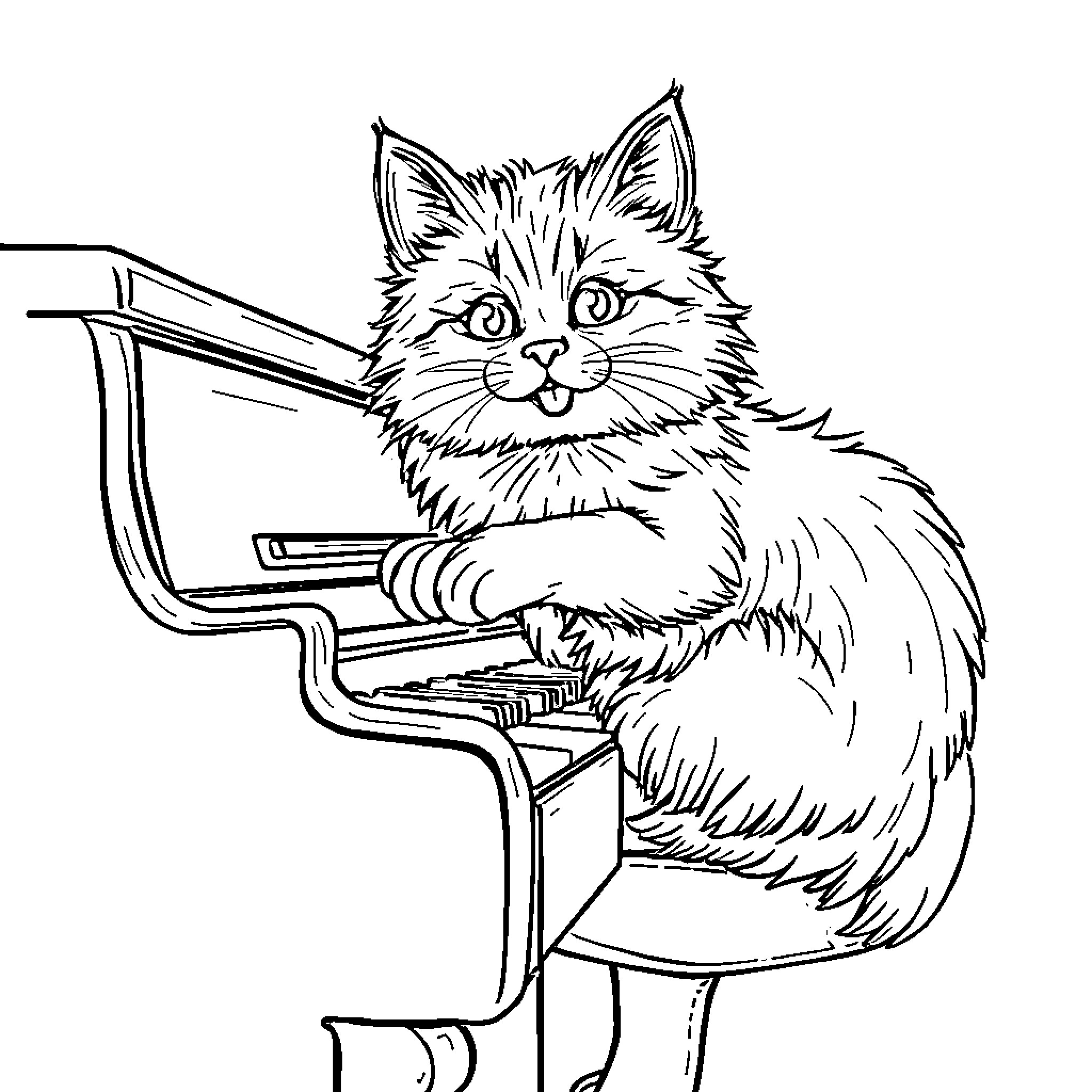Cat playing on a piano Coloring Page (free black-and-white line drawing printable PDF for all, from beginners to advanced learners, including children, teens, adults, and seniors)