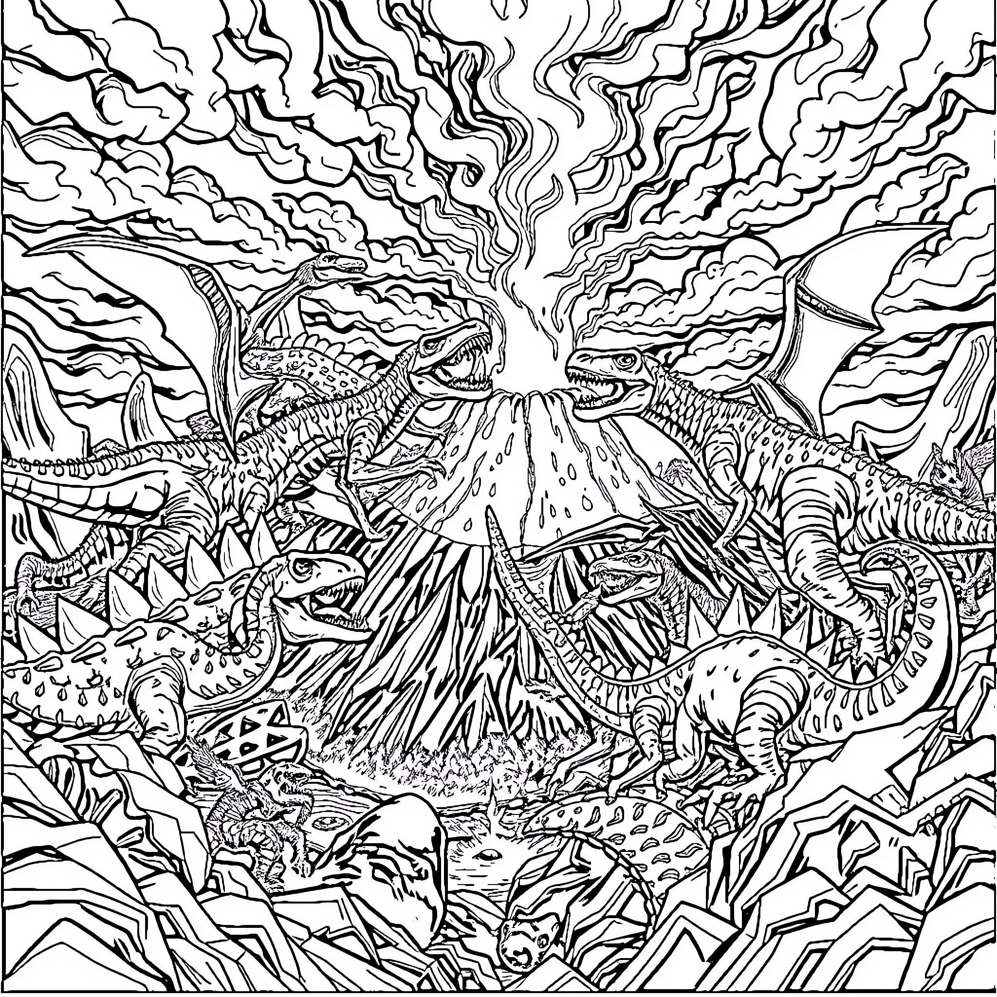 Dinosaur Volcanic Eruption and Prehistoric Creatures Coloring Page (free black-and-white line drawing printable PDF for all, from beginners to advanced learners, including children, teens, adults, and seniors)
