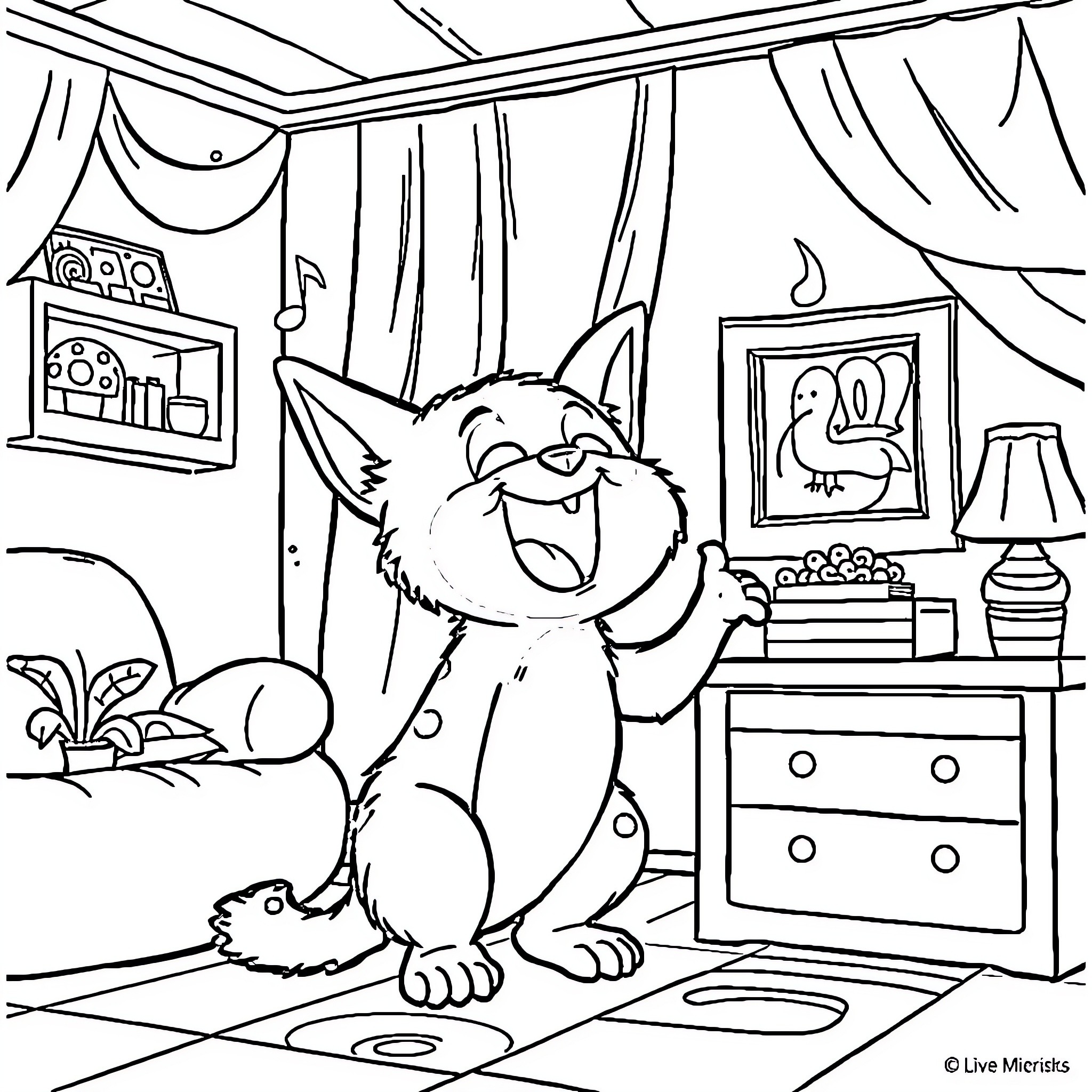 Bluey enjoying playtime in a cozy home Coloring Page (free black-and-white line drawing printable PDF for all, from beginners to advanced learners, including children, teens, adults, and seniors)