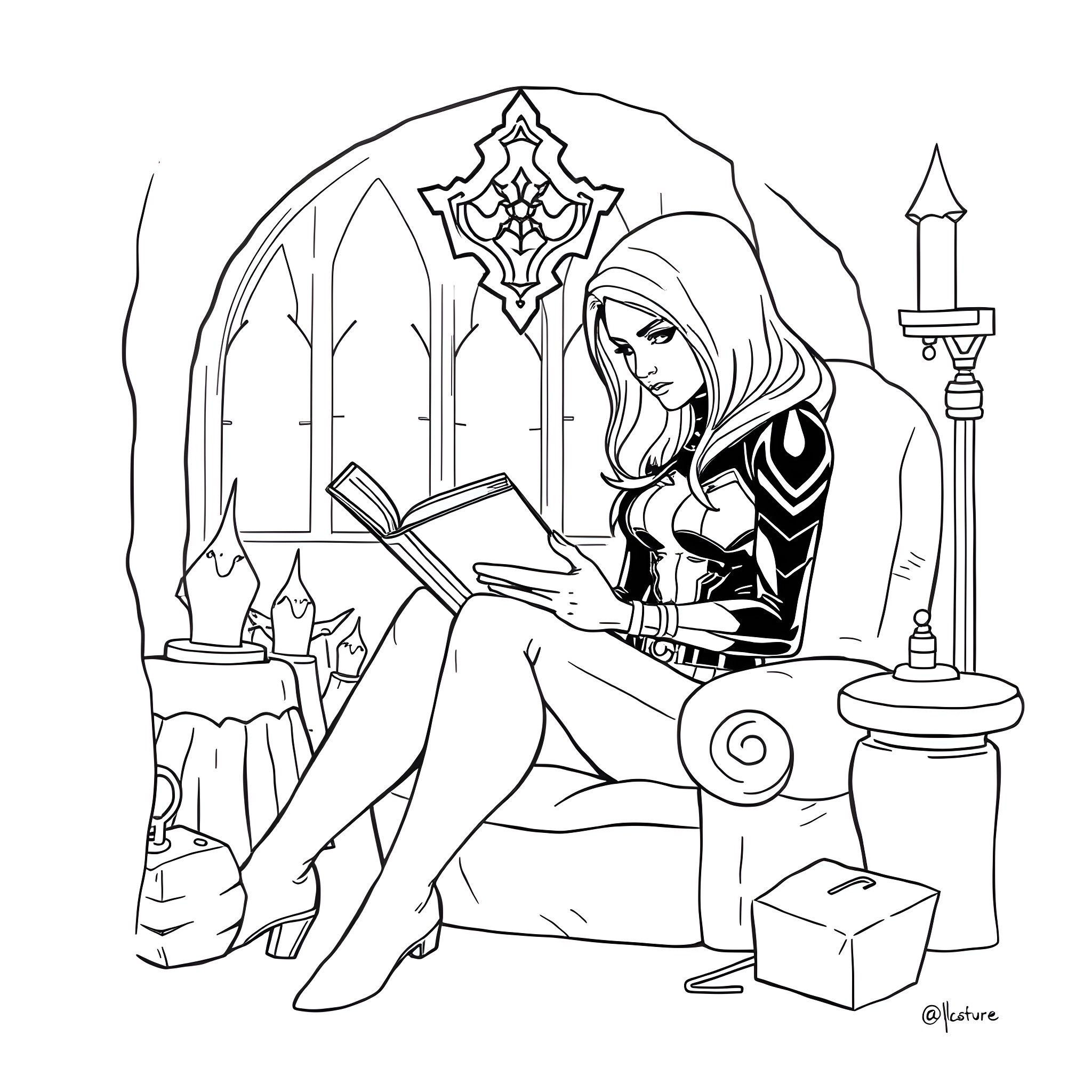 Black Widow reading in a magical library Coloring Page (free black-and-white line drawing printable PDF for all, from beginners to advanced learners, including children, teens, adults, and seniors)