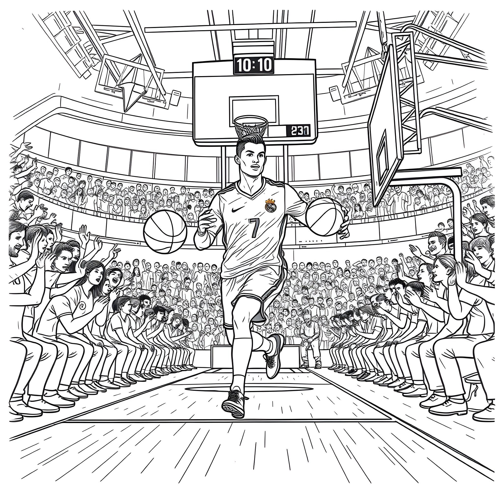 Cristiano Ronaldo Dribbling with Basketball in Stadium Coloring Page (free black-and-white line drawing printable PDF for all, from beginners to advanced learners, including children, teens, adults, and seniors)