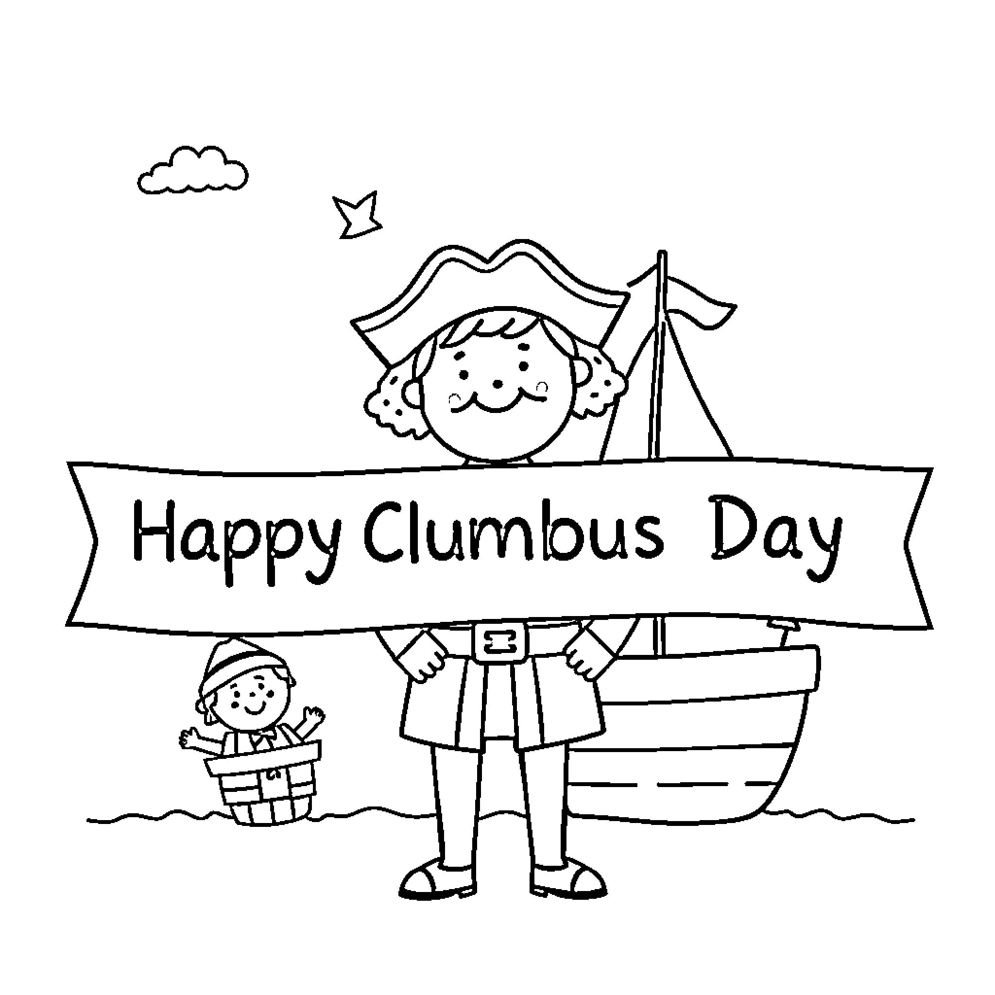 Christopher Columbus celebrating Happy Clumbus Day with his ship Coloring Page (free black-and-white line drawing printable PDF for all, from beginners to advanced learners, including children, teens, adults, and seniors)