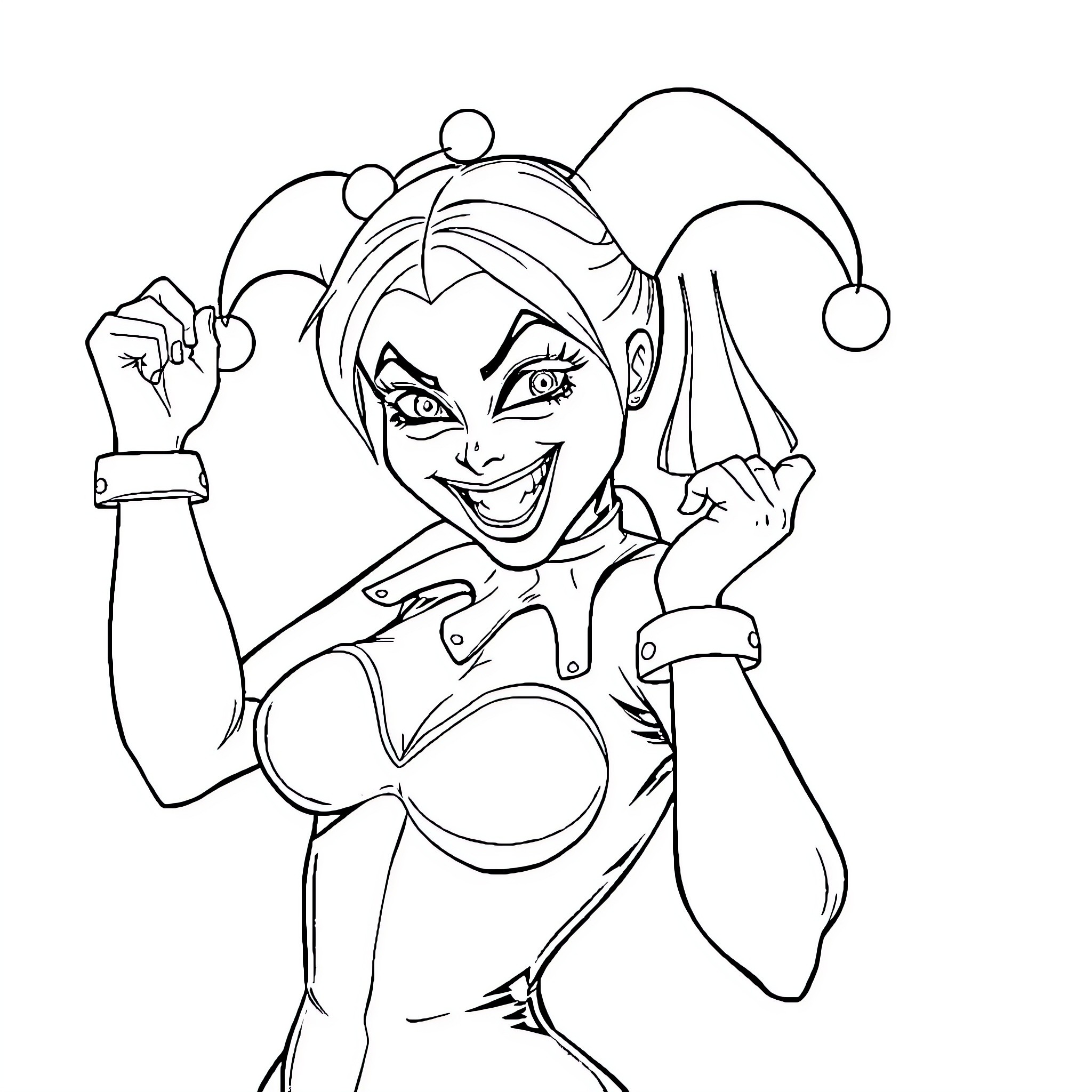 Harley Quinn in a playful, mischievous pose Coloring Page (free black-and-white line drawing printable PDF for all, from beginners to advanced learners, including children, teens, adults, and seniors)
