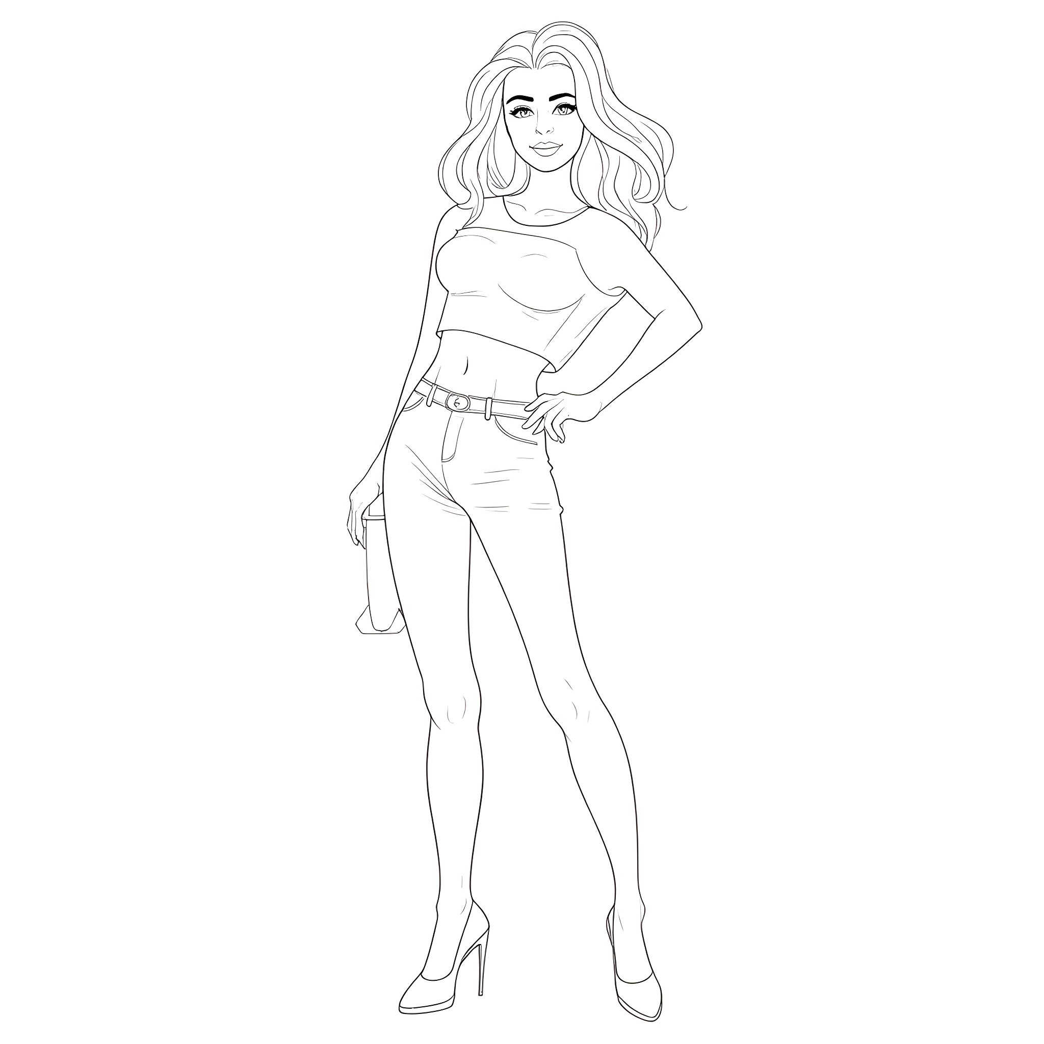 Sydney Sweeney posing confidently in stylish outfit Coloring Page (free black-and-white line drawing printable PDF for all, from beginners to advanced learners, including children, teens, adults, and seniors)