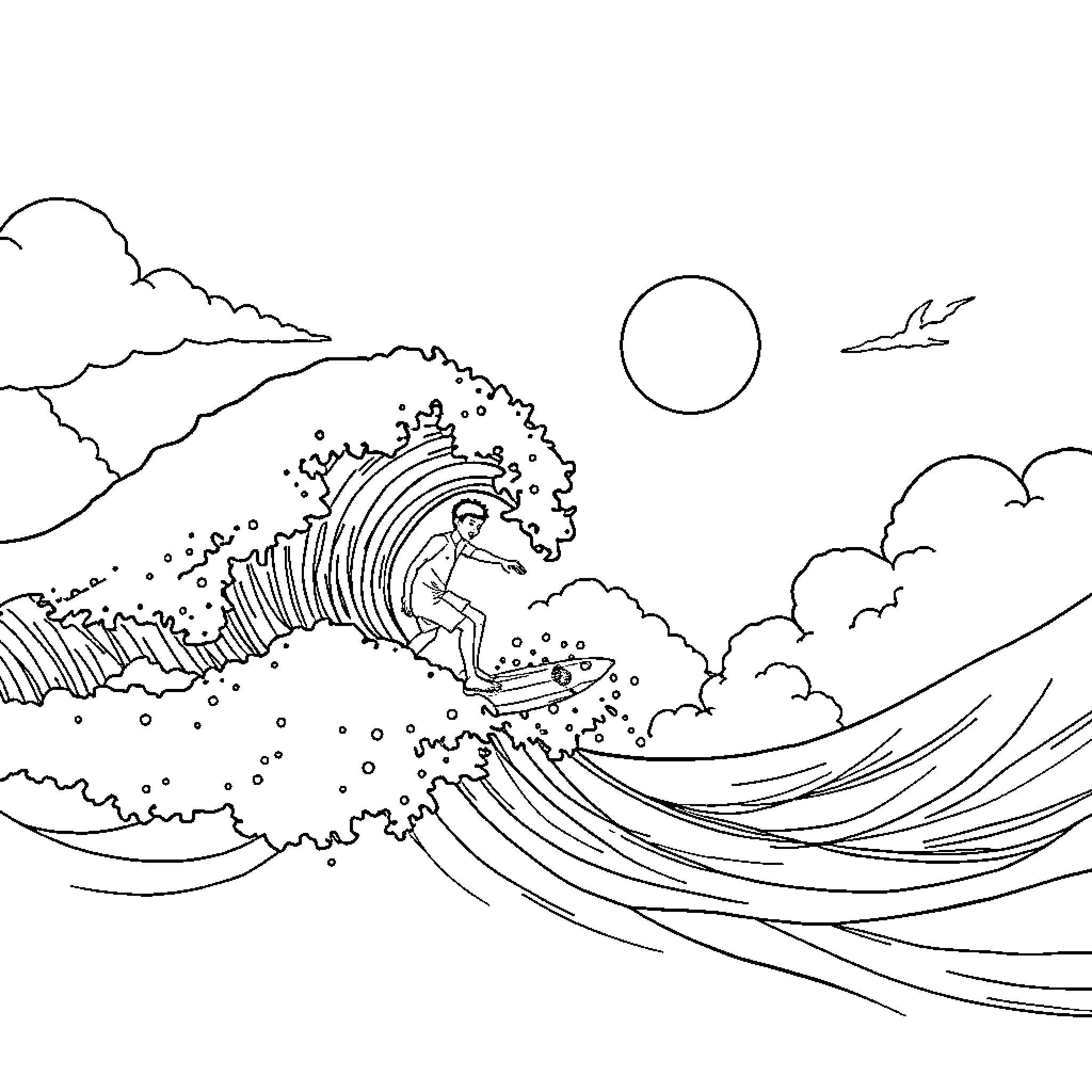 Sangoku surfer riding giant wave in the ocean Coloring Page (free black-and-white line drawing printable PDF for all, from beginners to advanced learners, including children, teens, adults, and seniors)