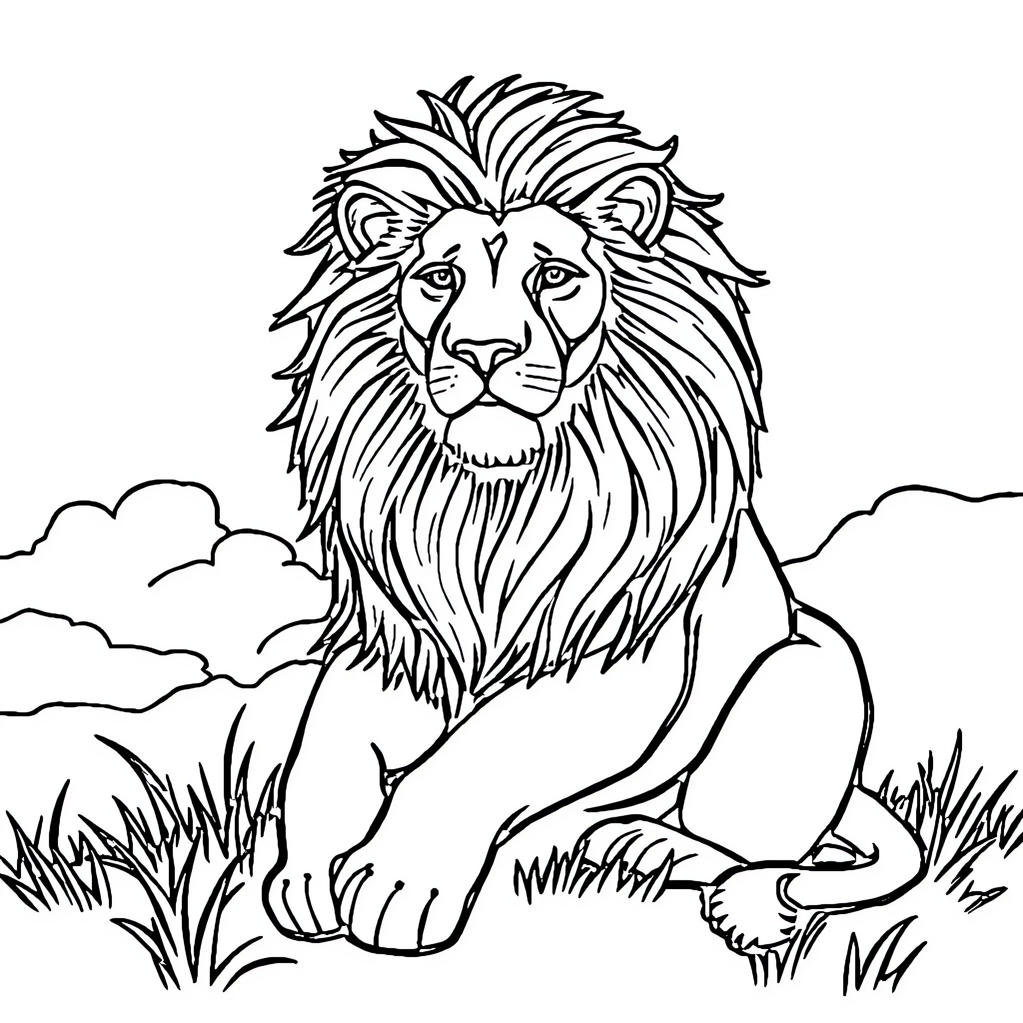 Lion resting peacefully in the wild Coloring Page (free black-and-white line drawing printable PDF for all, from beginners to advanced learners, including children, teens, adults, and seniors)