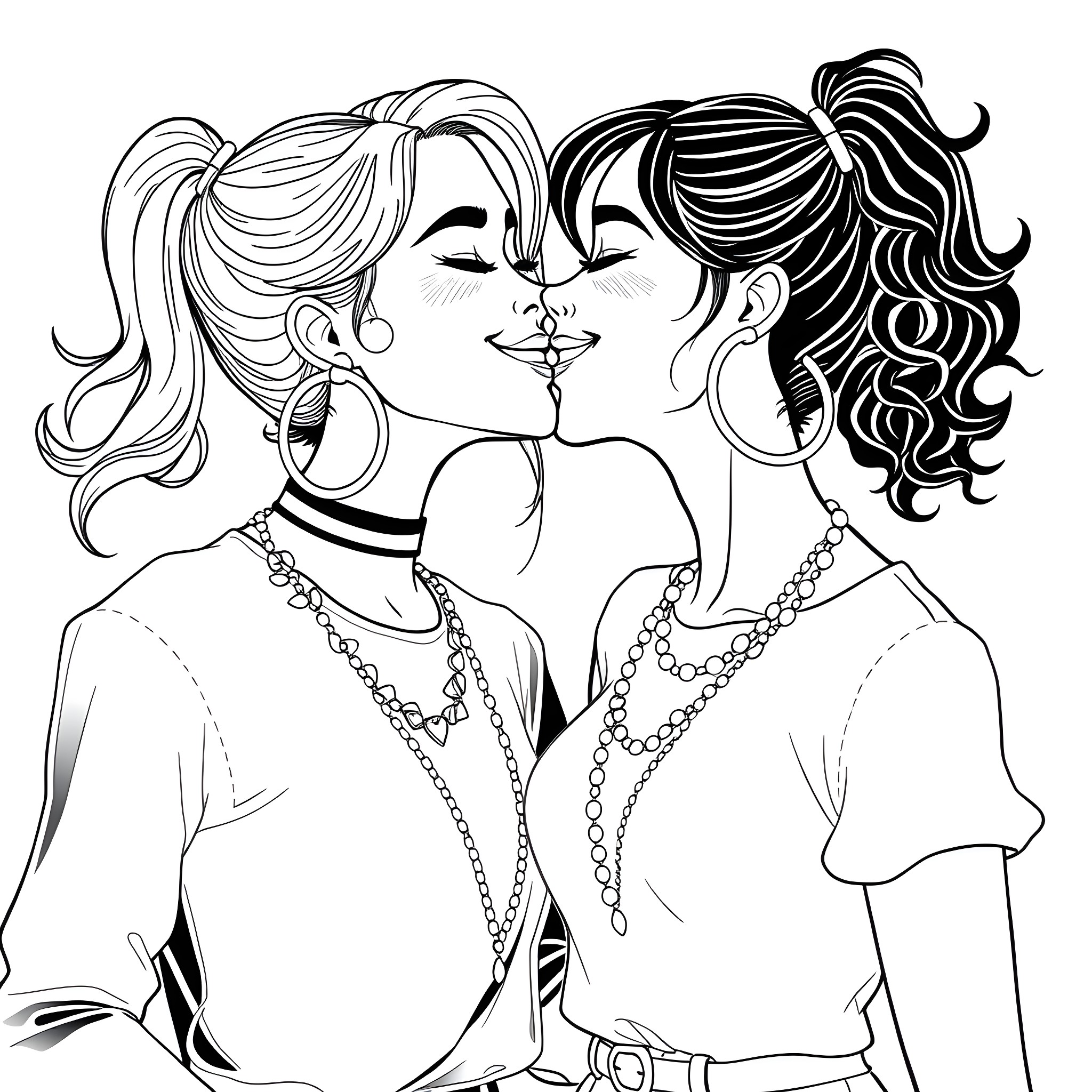 Girls sharing an intimate moment Coloring Page (free black-and-white line drawing printable PDF for all, from beginners to advanced learners, including children, teens, adults, and seniors)